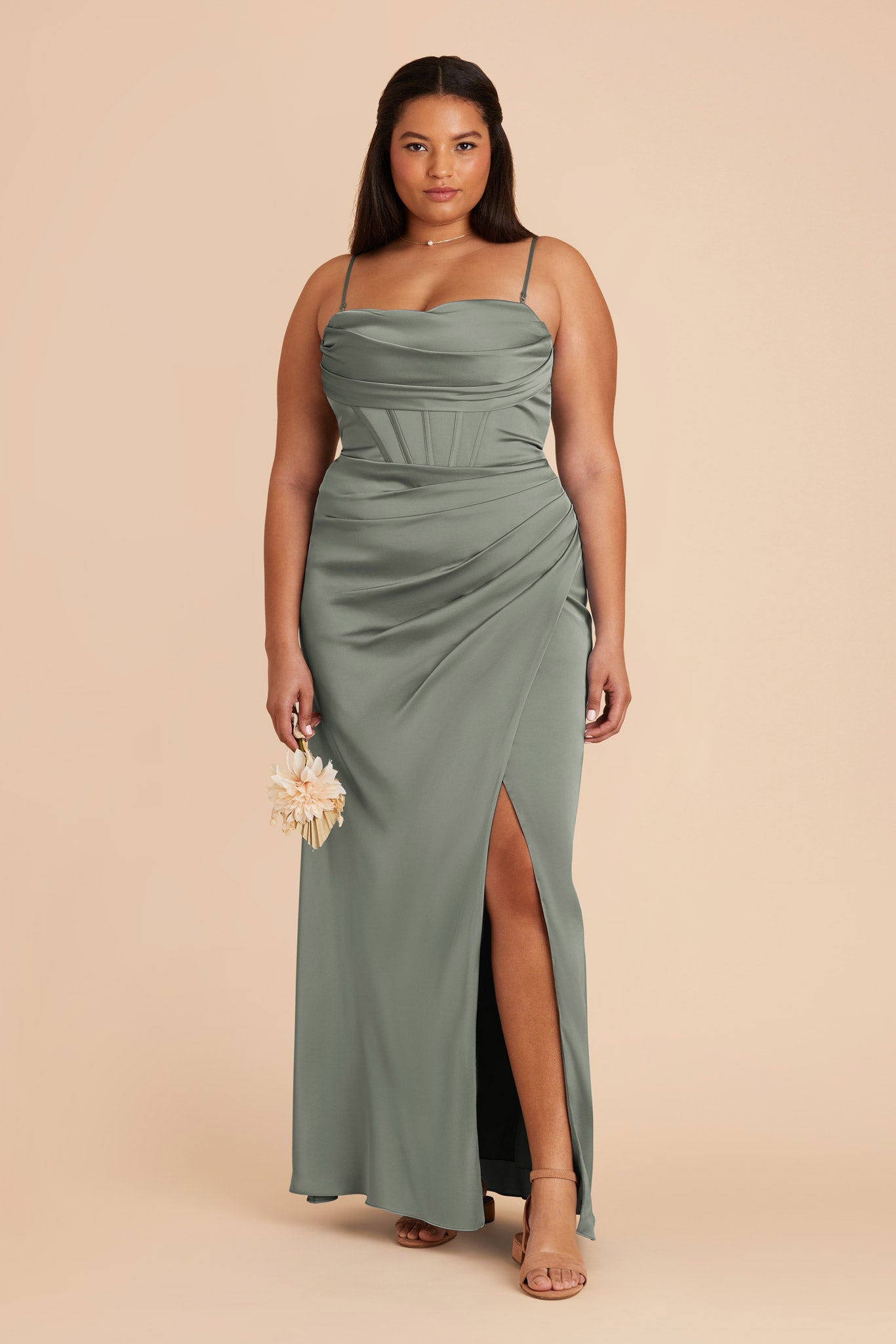 Elegant Satin Bridesmaid Dress with Boning & High Slit | Carrie