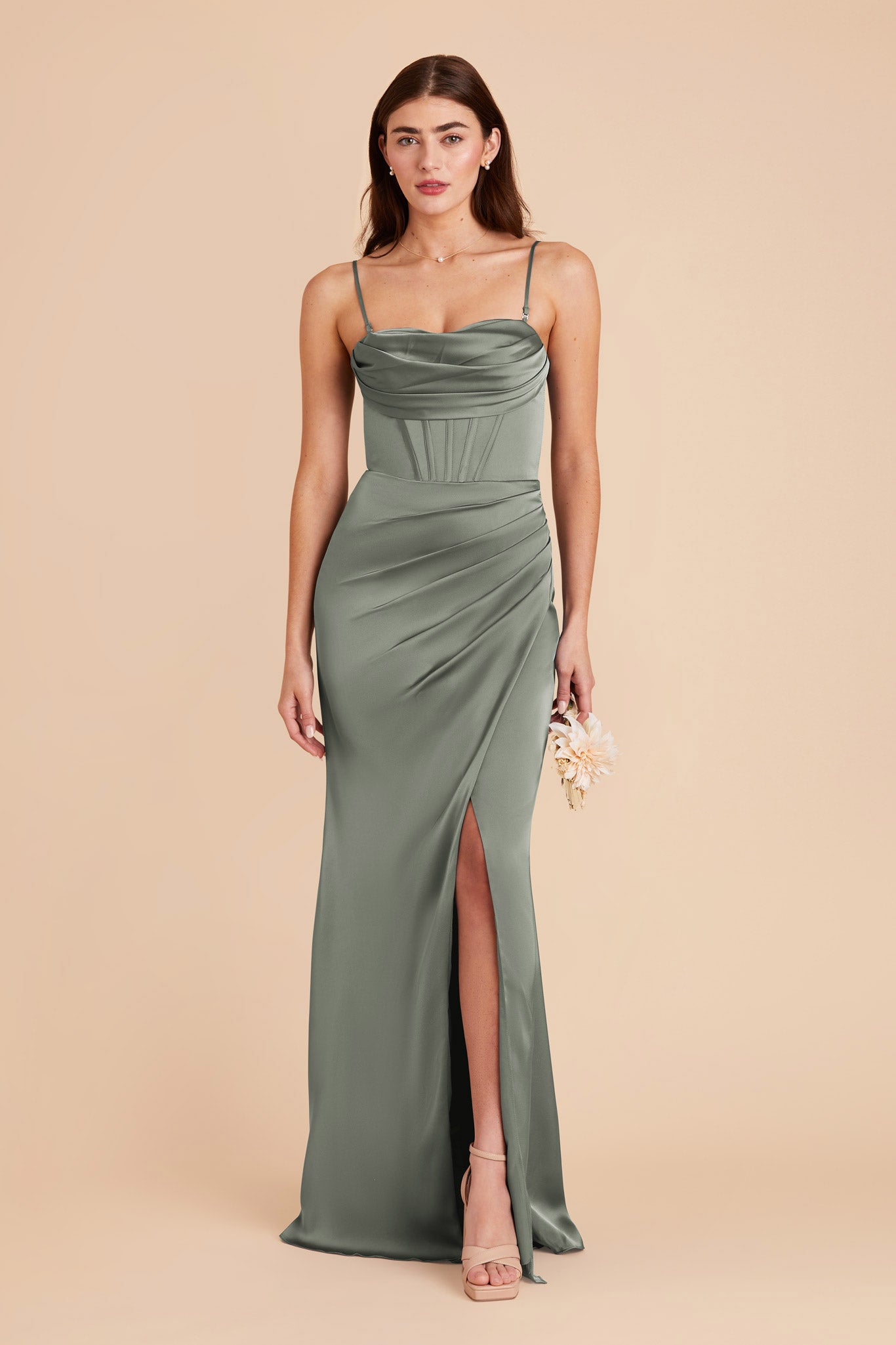Elegant Satin Bridesmaid Dress with Boning & High Slit | Carrie