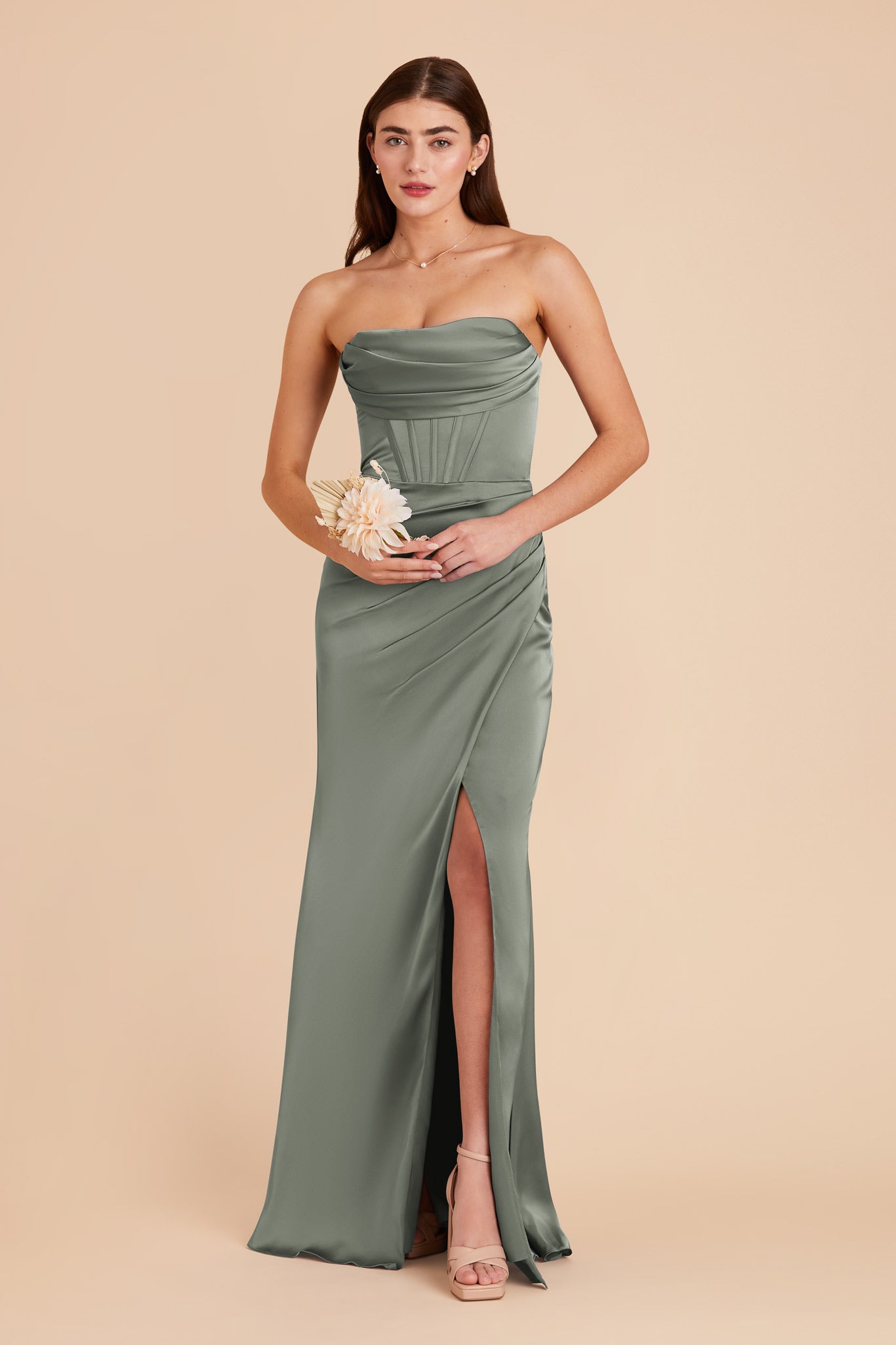 Elegant Satin Bridesmaid Dress with Boning & High Slit | Carrie