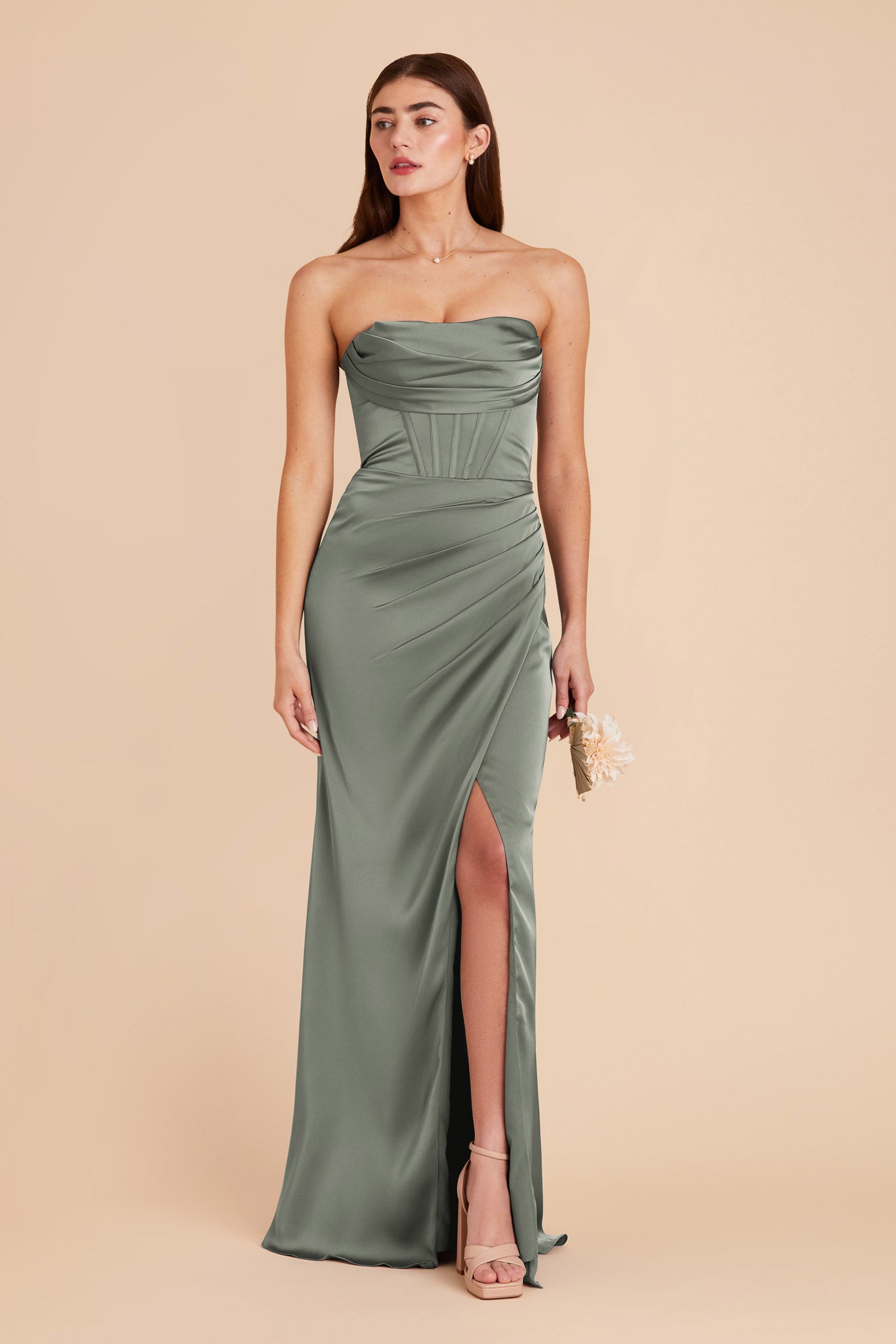 Elegant Satin Bridesmaid Dress with Boning & High Slit | Carrie