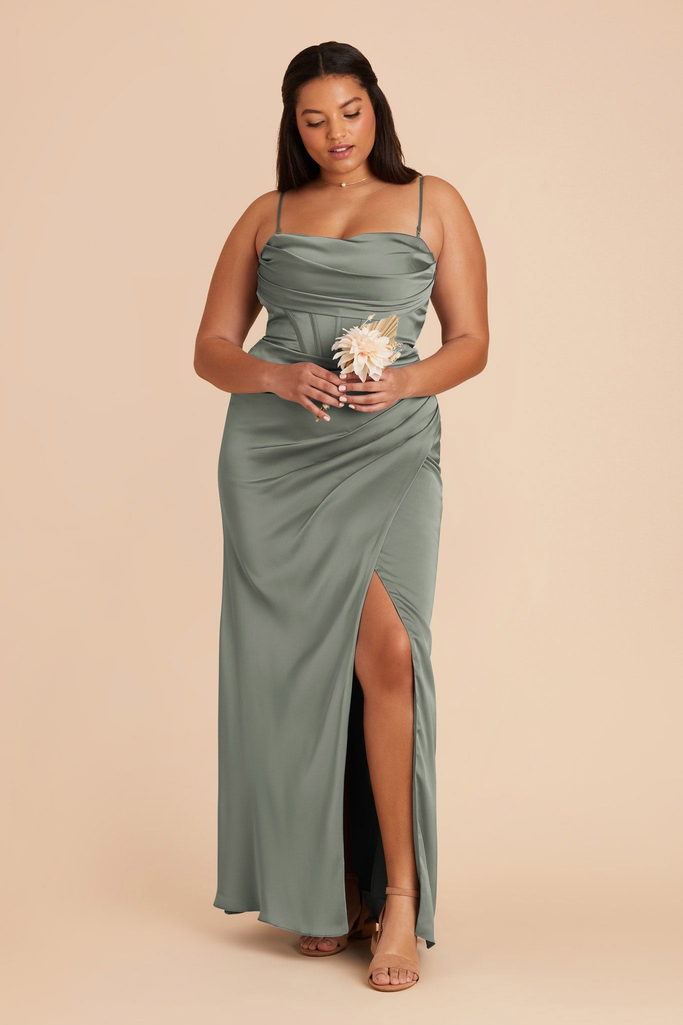 Elegant Satin Bridesmaid Dress with Boning & High Slit | Carrie