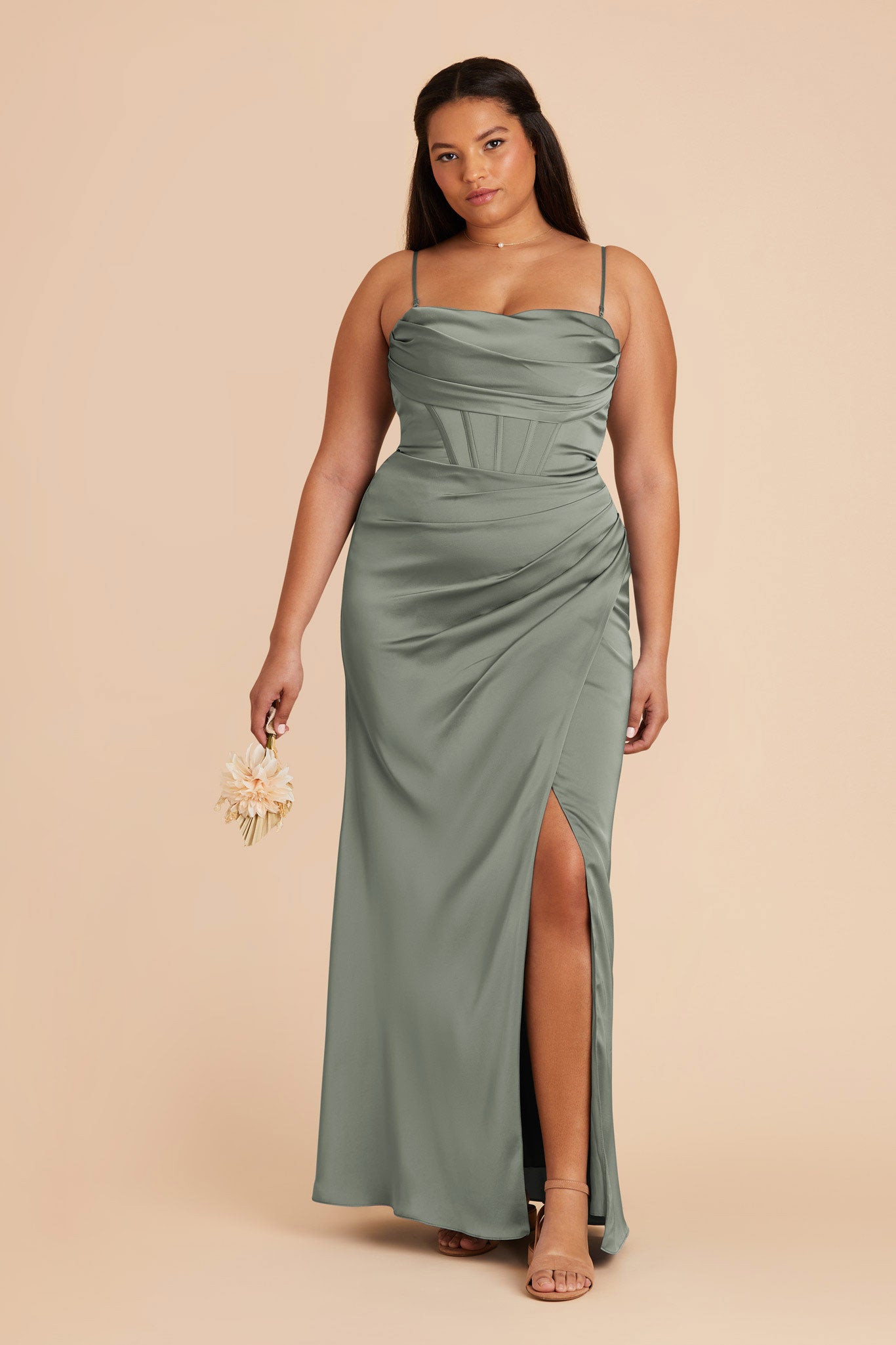 Elegant Satin Bridesmaid Dress with Boning & High Slit | Carrie