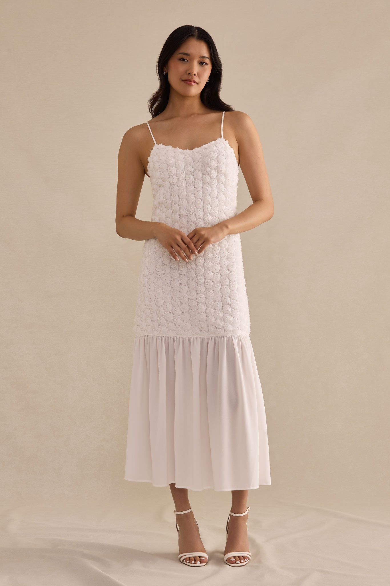 Textured Rosette Midi Dress in White | Sylvia