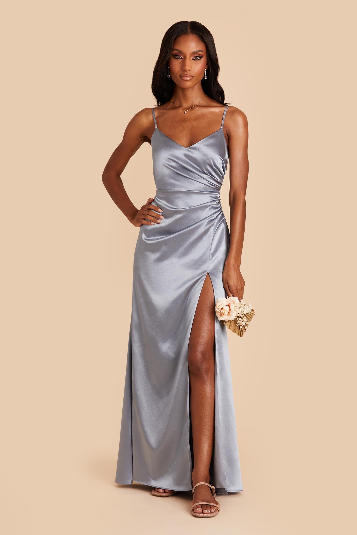 Shiny Satin Bridesmaid Dress in Dusty Blue | Catherine