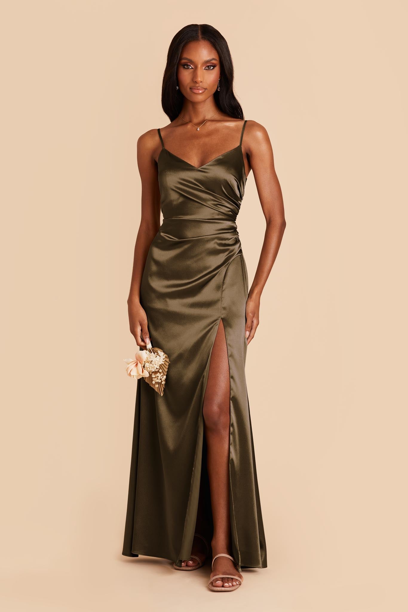 Shiny Satin Dress in Olive | Catherine