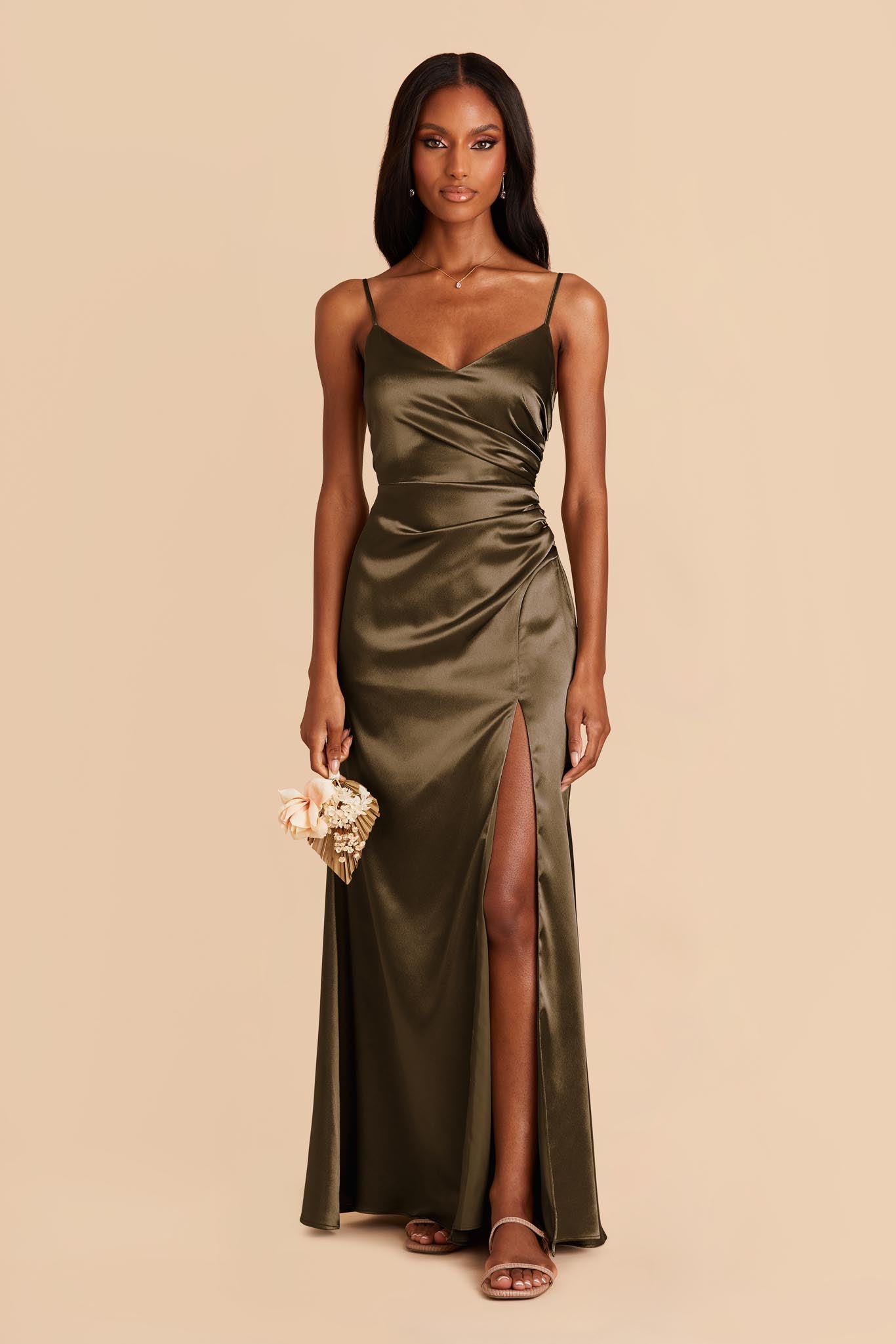 Shiny Satin Dress in Olive | Catherine