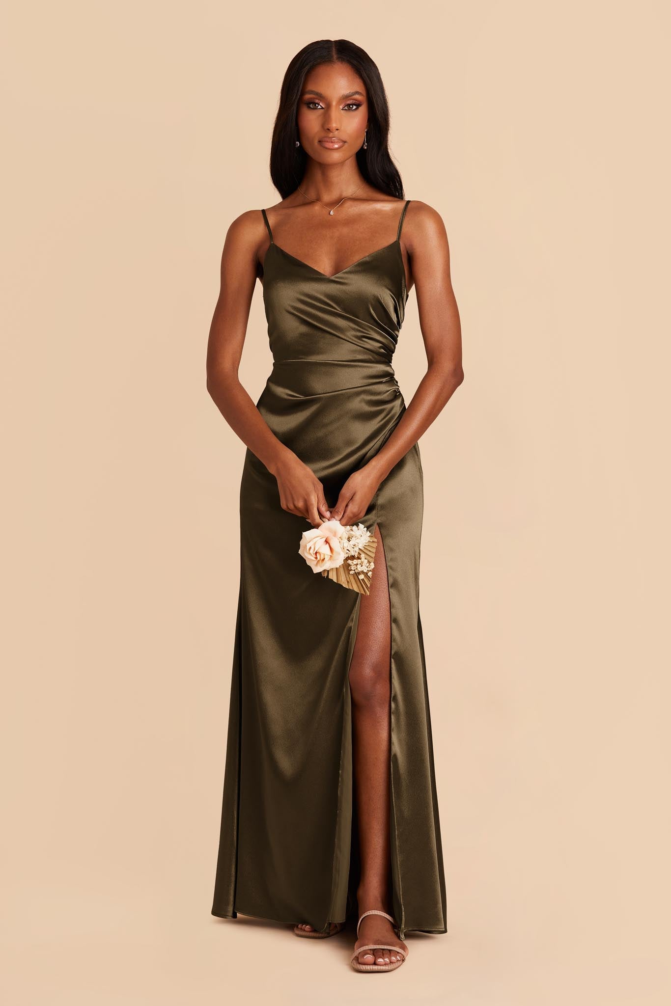 Shiny Satin Dress in Olive | Catherine