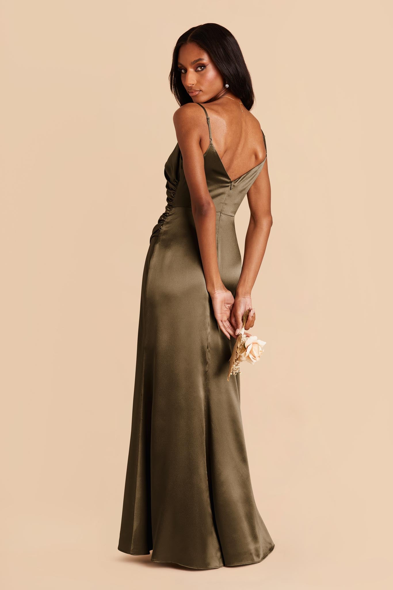 Shiny Satin Dress in Olive | Catherine