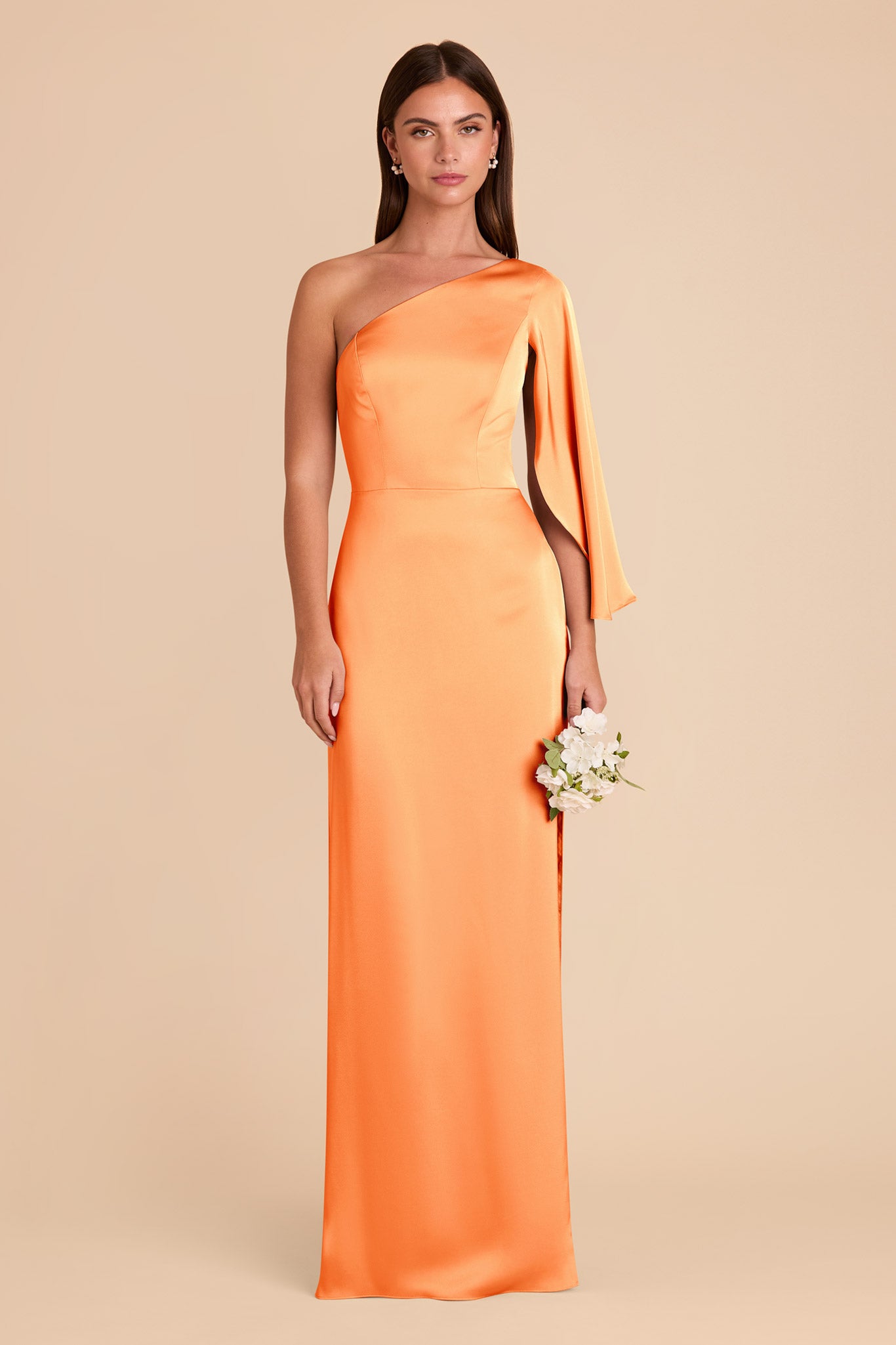 One-Shoulder Satin Dress with Shoulder Overlay | Christine Apricot