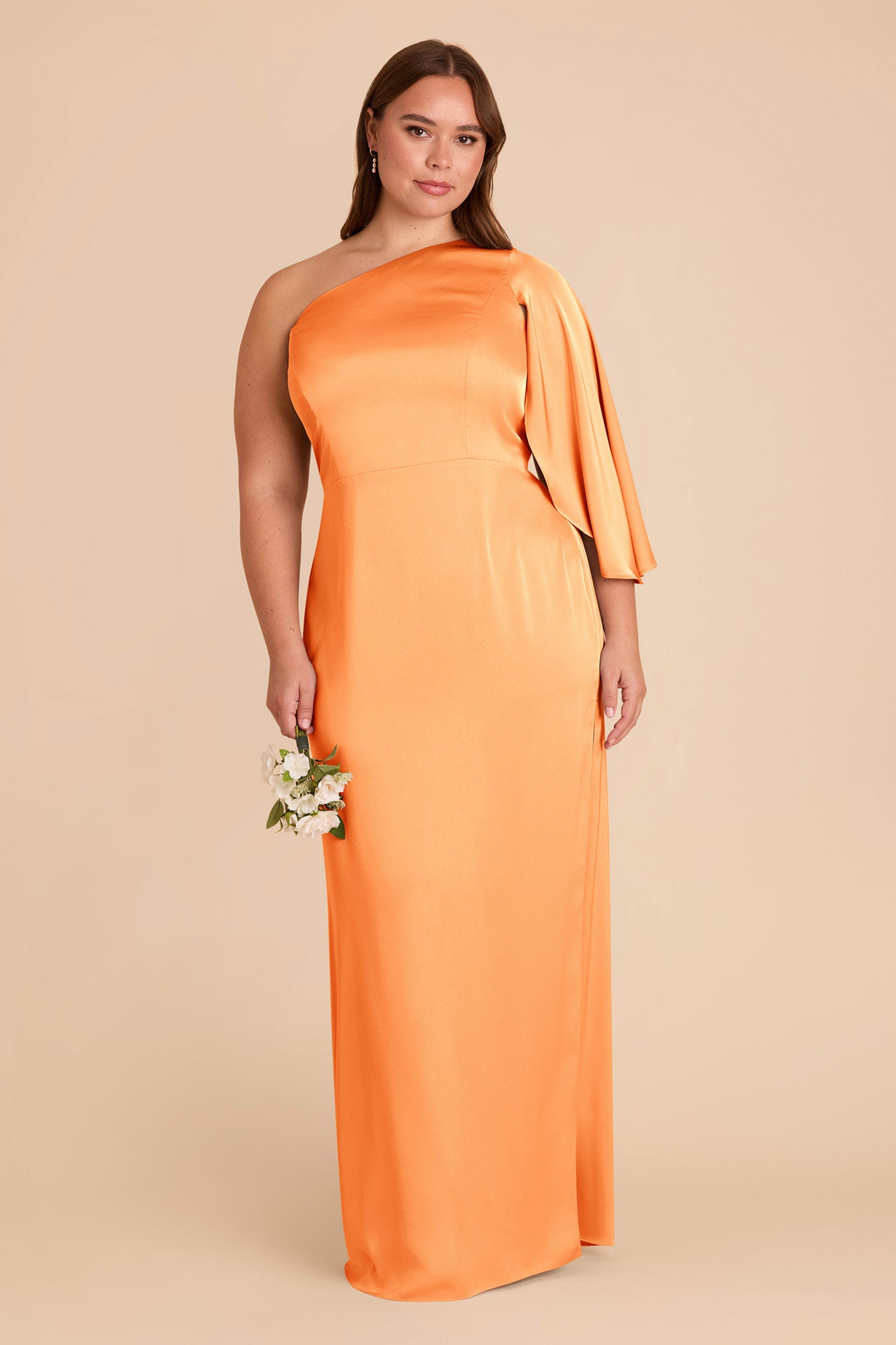 One-Shoulder Satin Dress with Shoulder Overlay | Christine Apricot