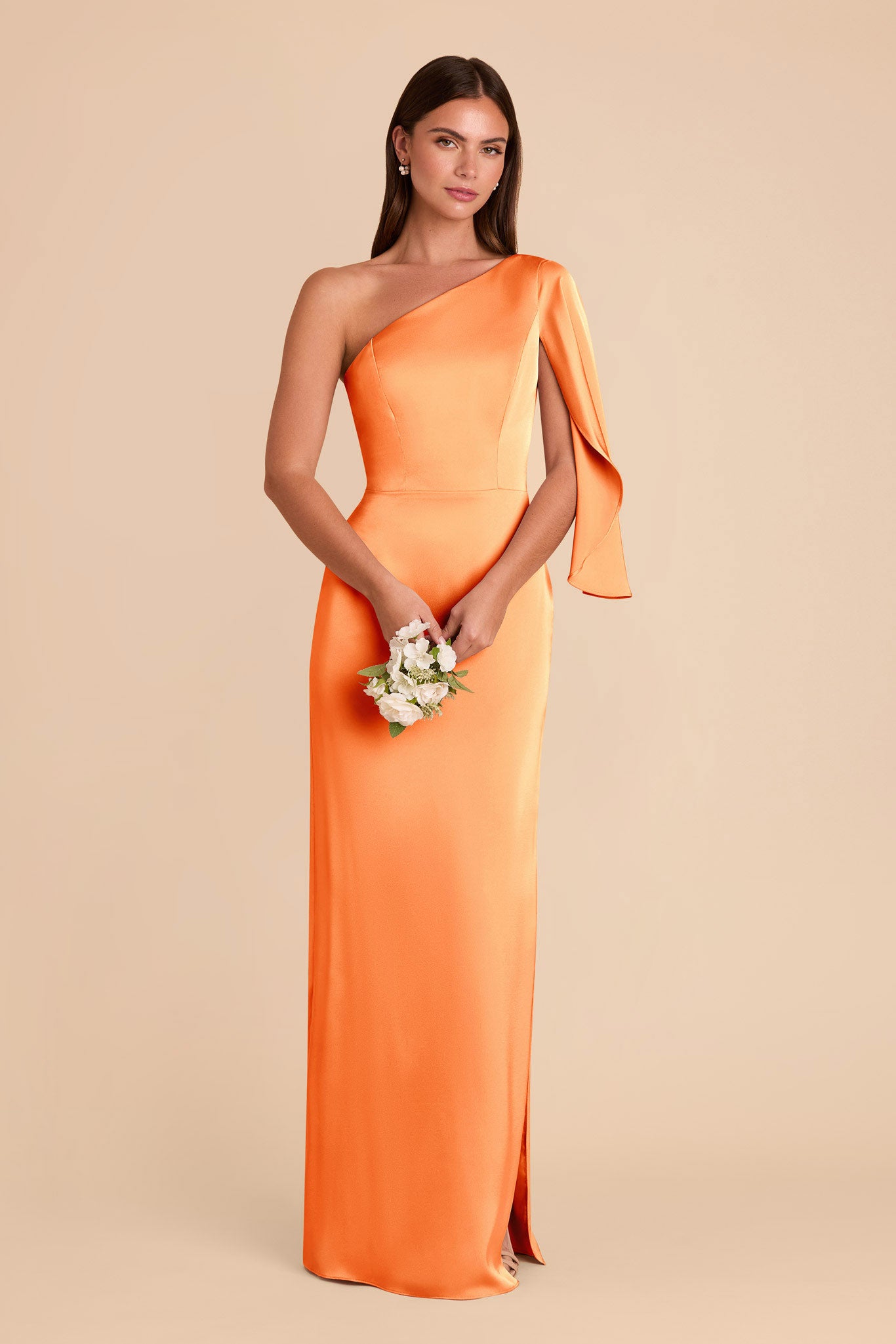 One-Shoulder Satin Dress with Shoulder Overlay | Christine Apricot