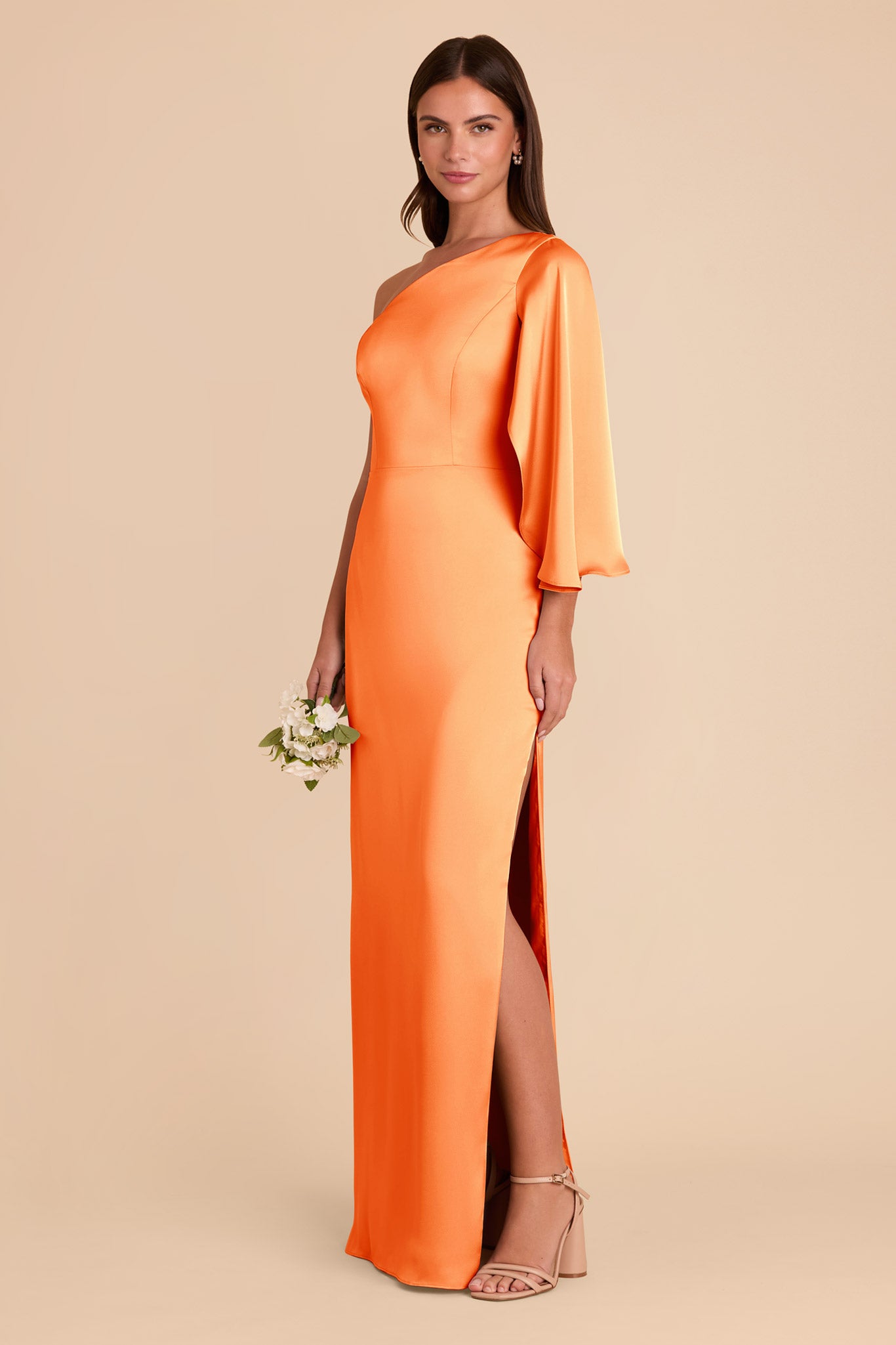 One-Shoulder Satin Dress with Shoulder Overlay | Christine Apricot