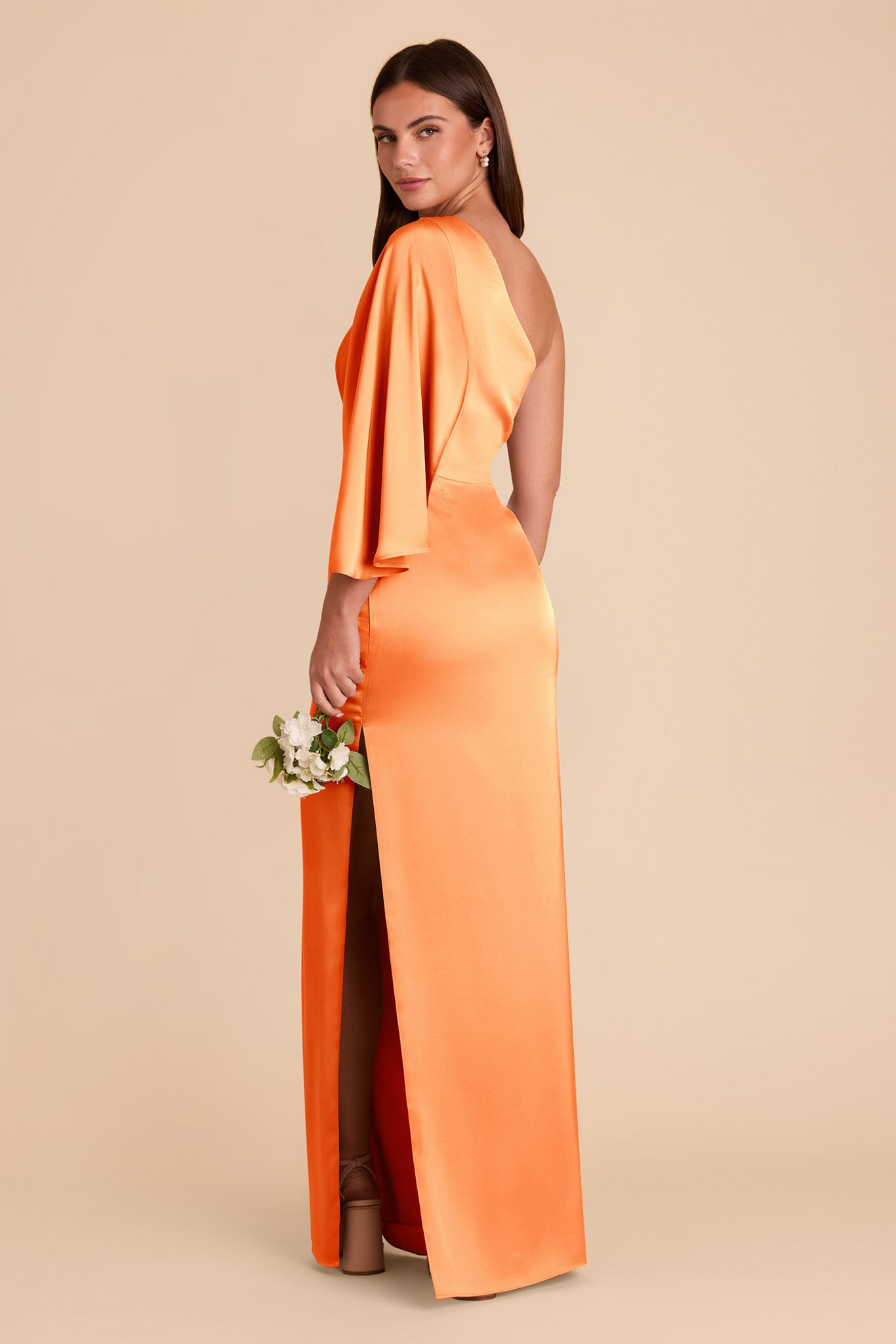 One-Shoulder Satin Dress with Shoulder Overlay | Christine Apricot