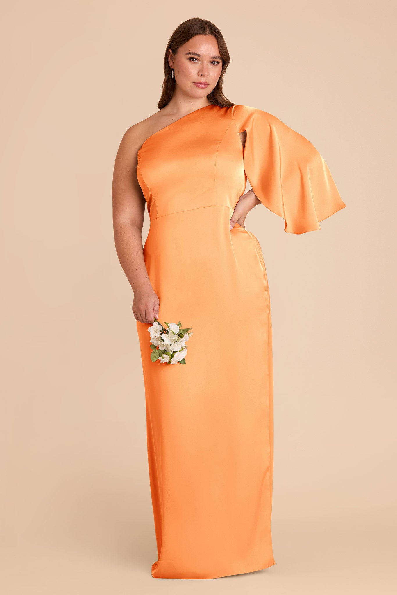 One-Shoulder Satin Dress with Shoulder Overlay | Christine Apricot