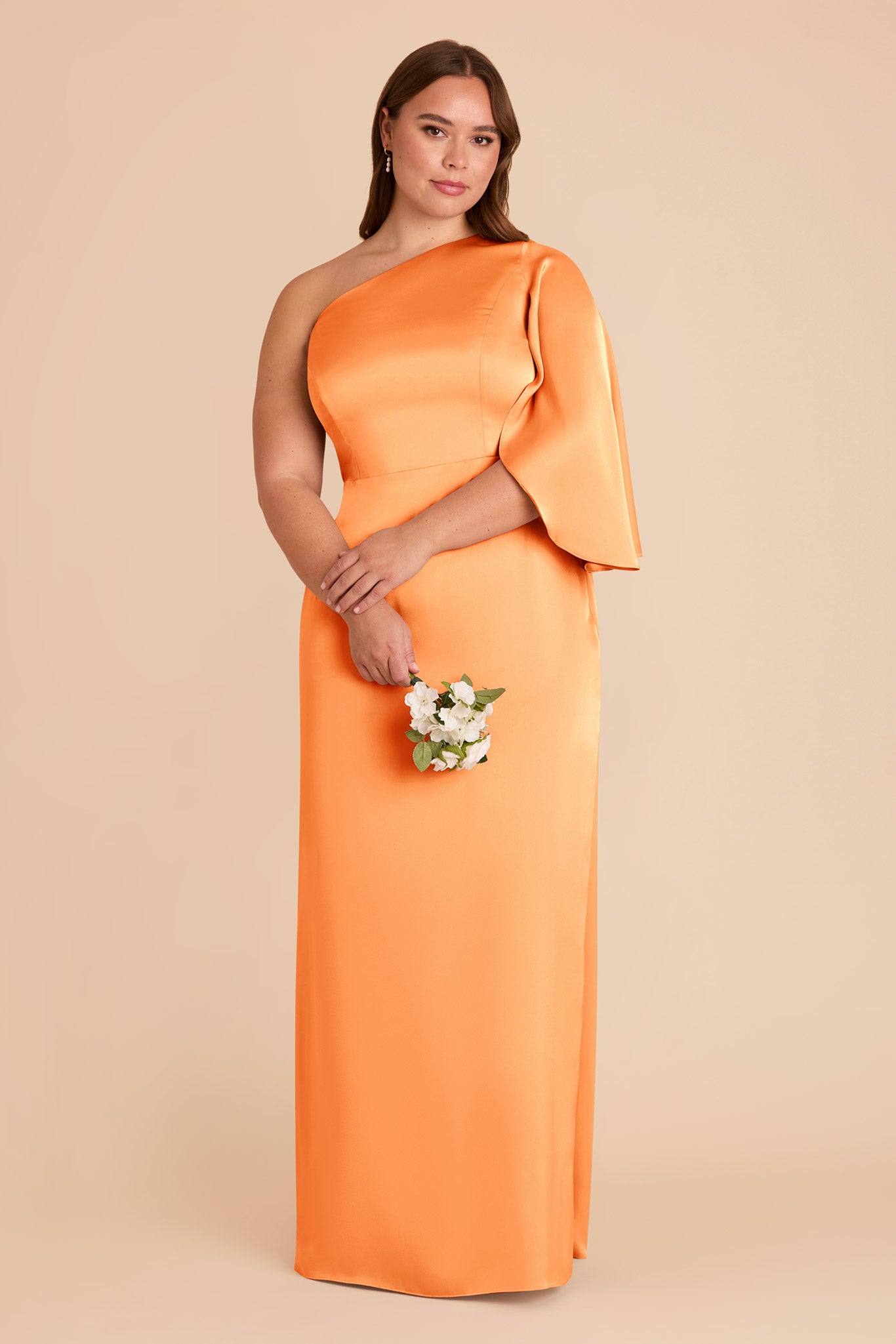 One-Shoulder Satin Dress with Shoulder Overlay | Christine Apricot