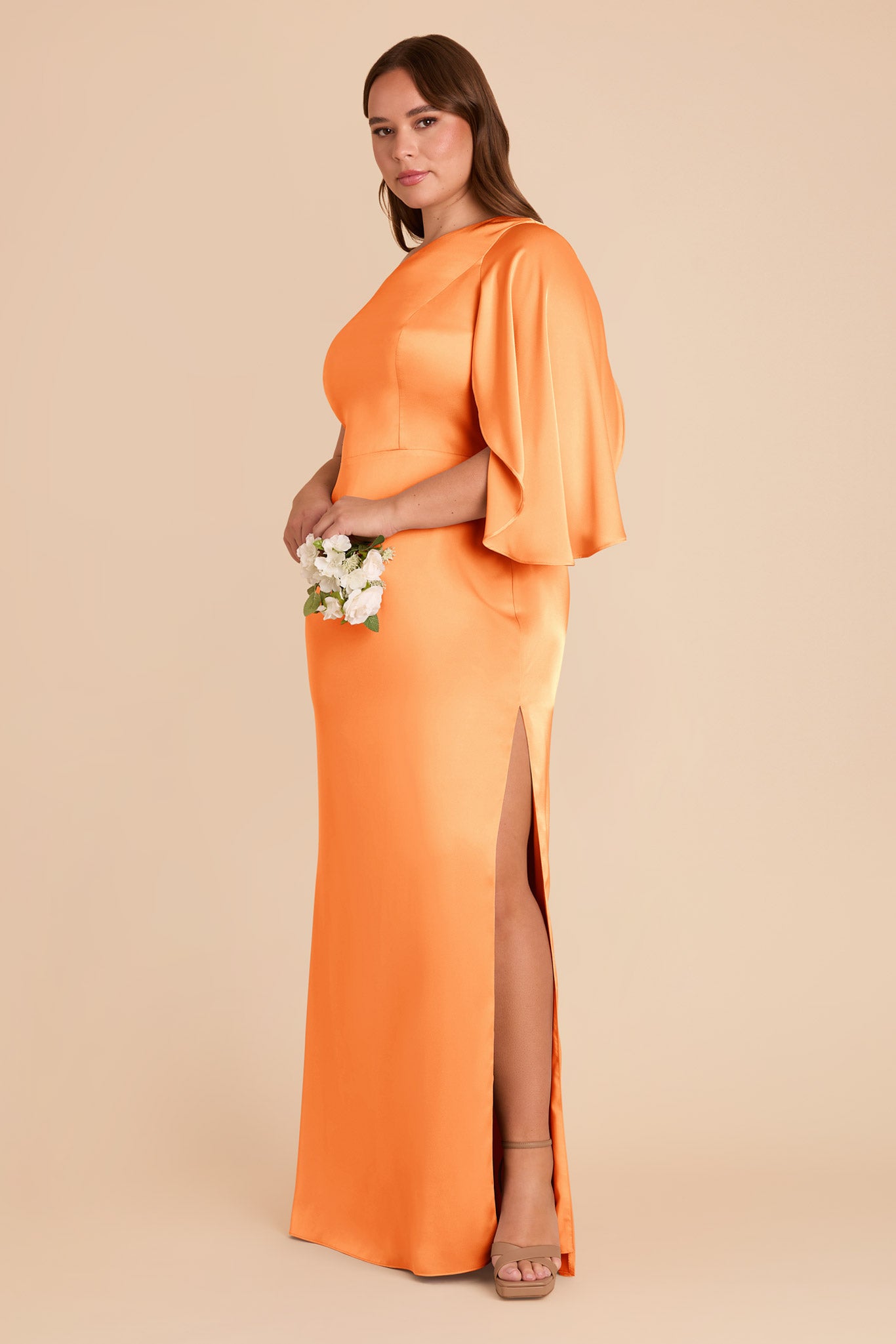 One-Shoulder Satin Dress with Shoulder Overlay | Christine Apricot