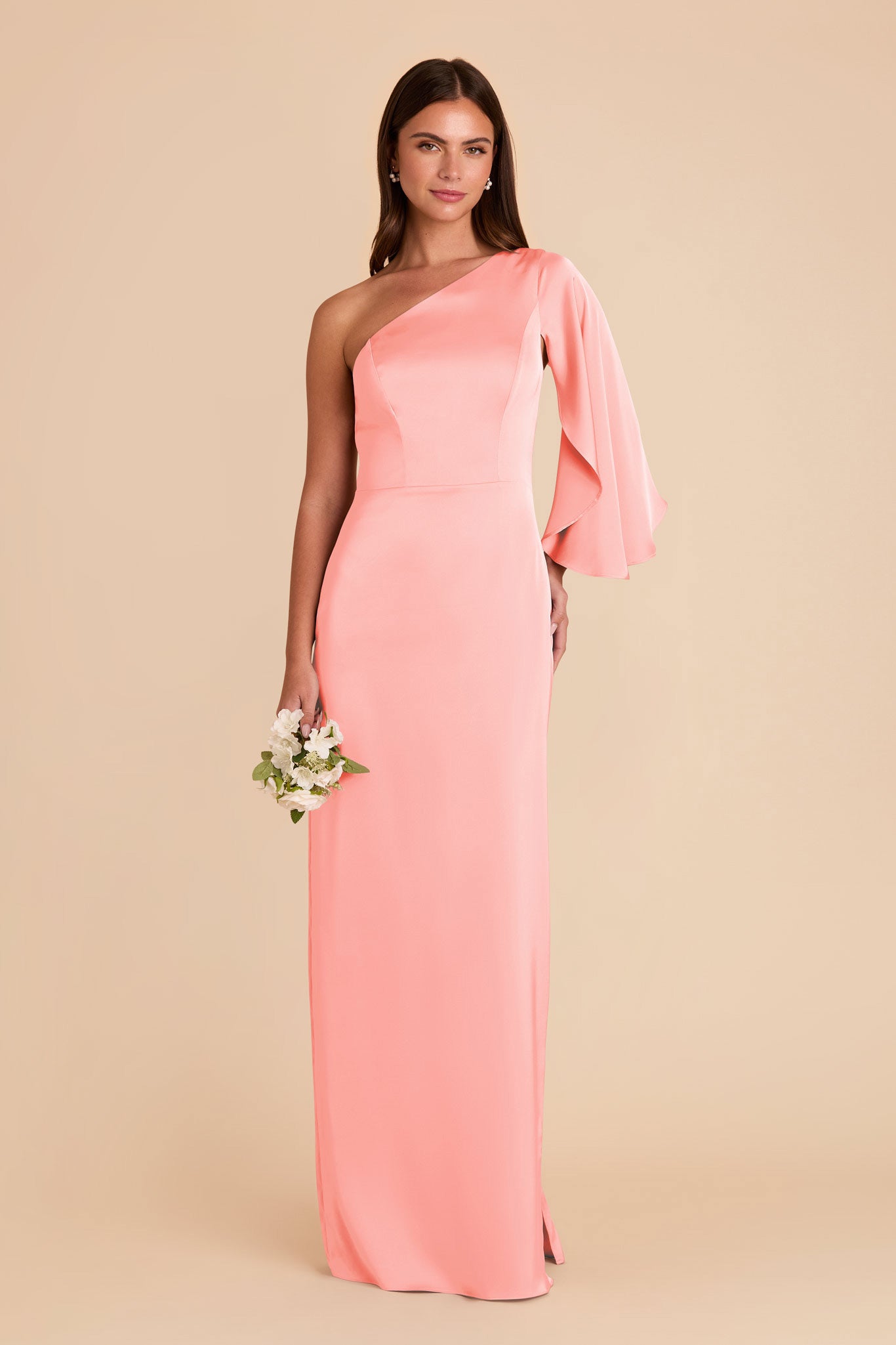 One-Shoulder Satin Gown with Graceful Overlay | Christine Coral Pink Dress