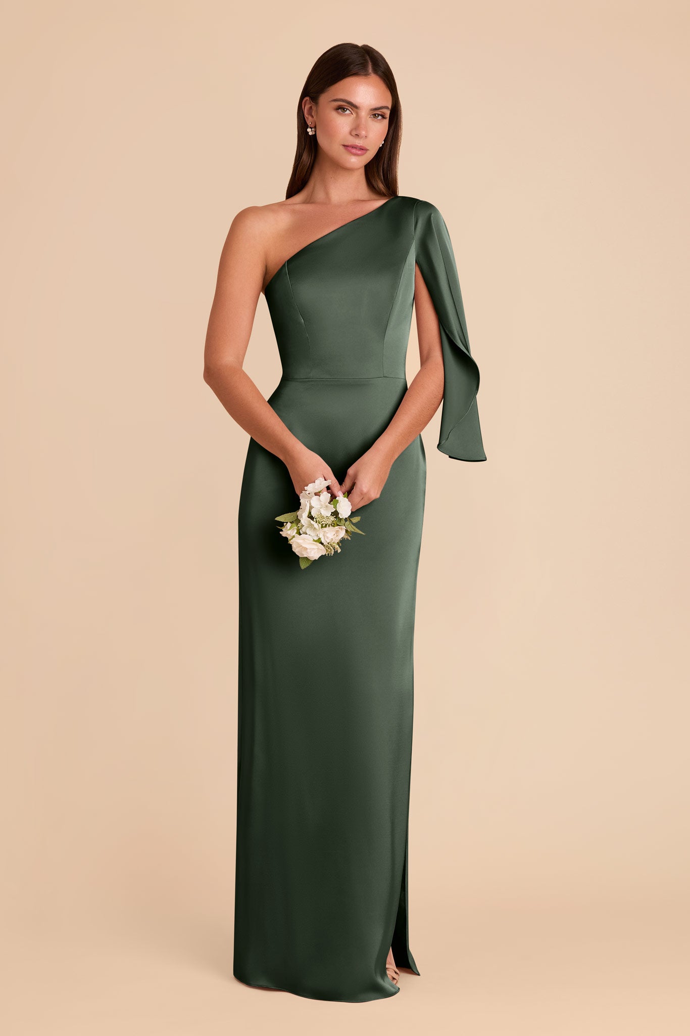 One-Shoulder Satin Gown with Graceful Overlay | Christine Eucalyptus