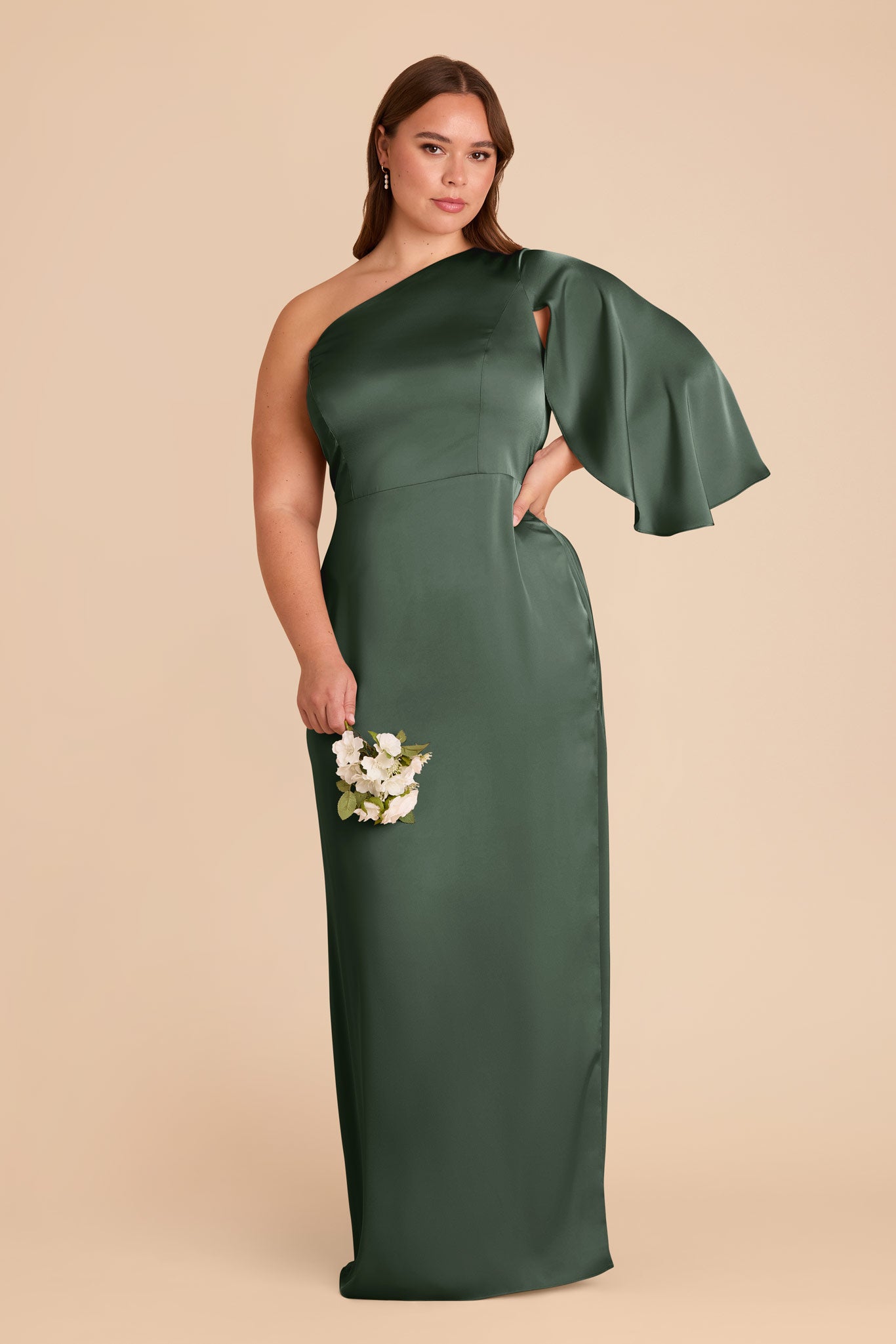 One-Shoulder Satin Gown with Graceful Overlay | Christine Eucalyptus