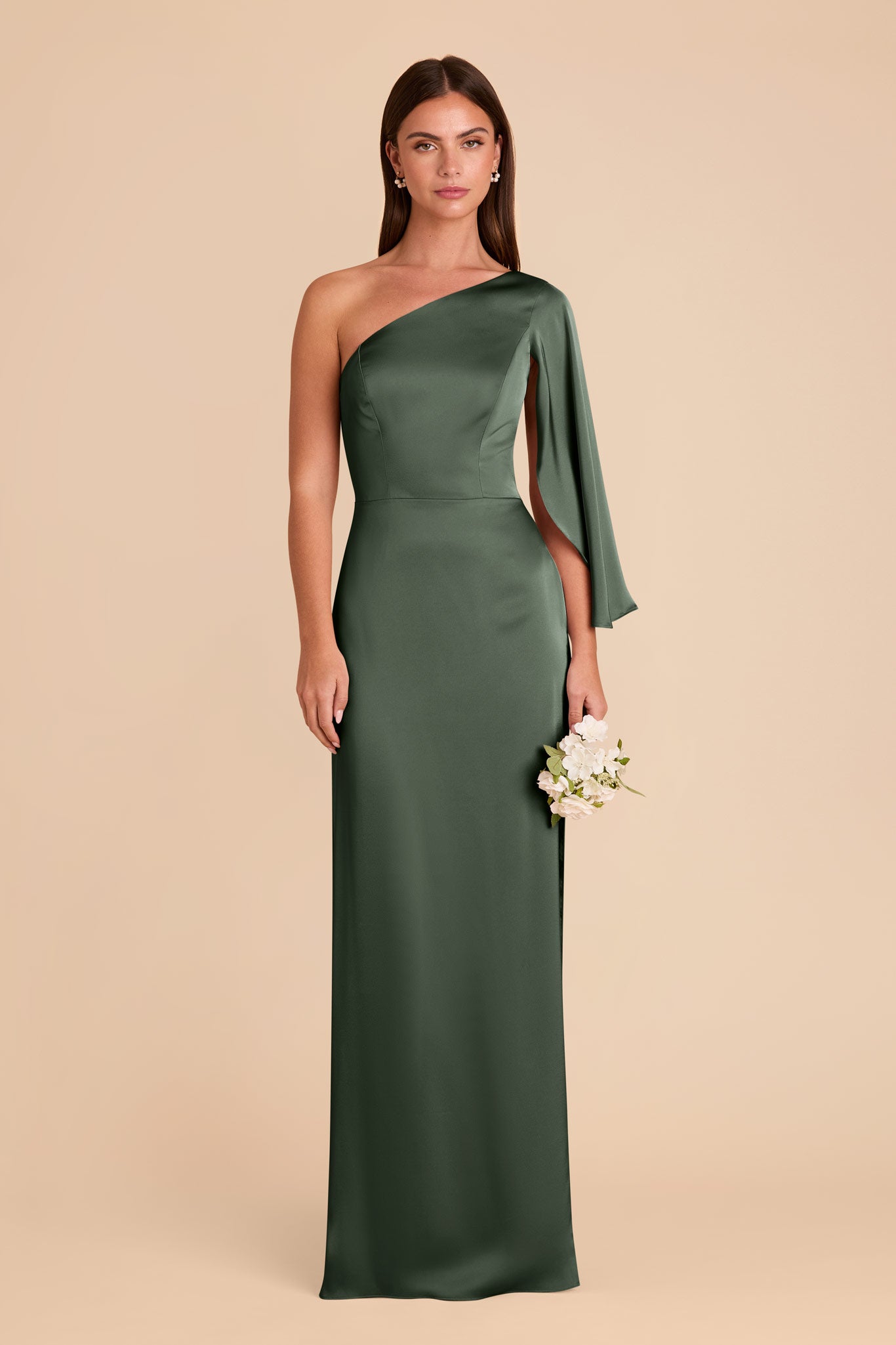 One-Shoulder Satin Gown with Graceful Overlay | Christine Eucalyptus