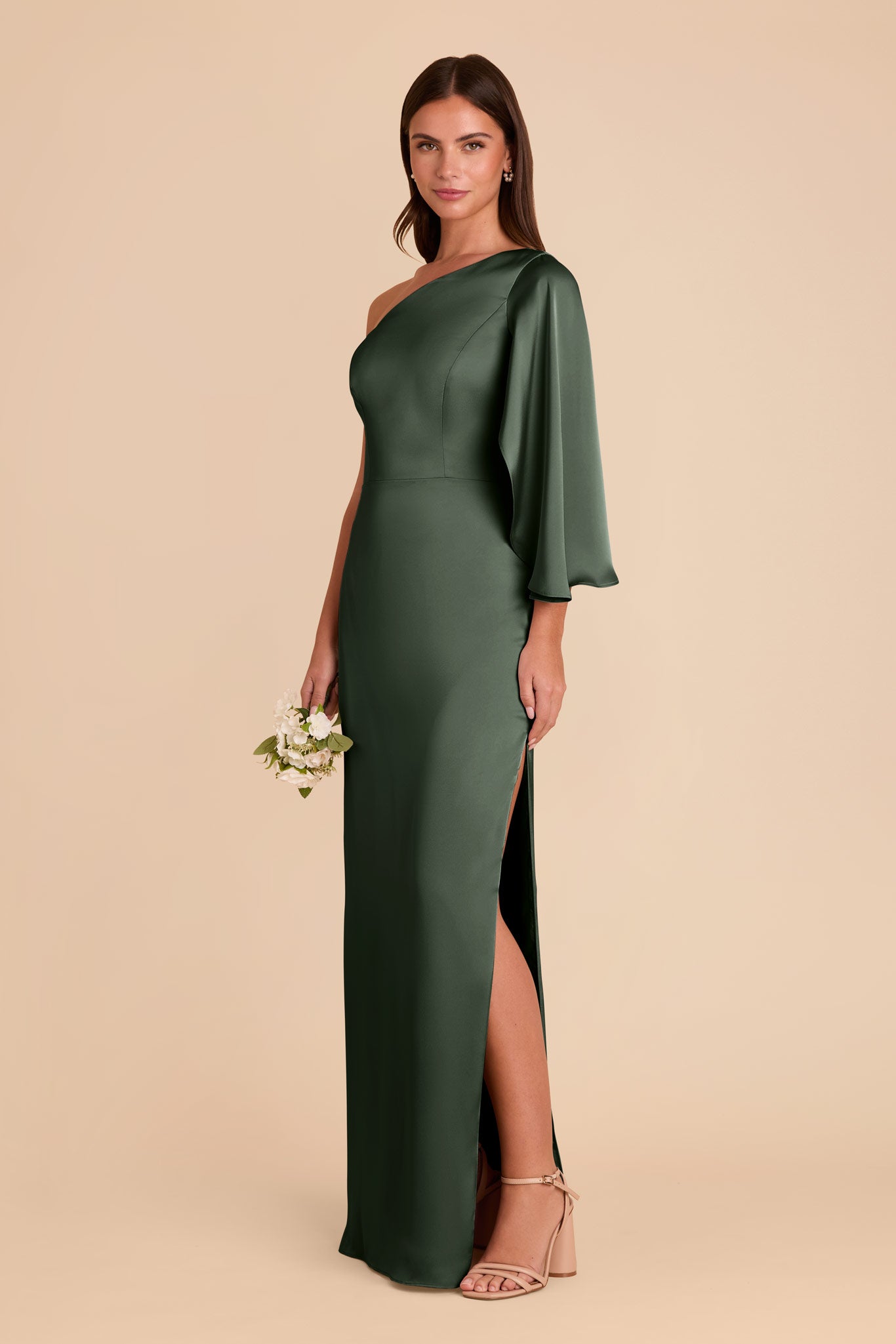 One-Shoulder Satin Gown with Graceful Overlay | Christine Eucalyptus