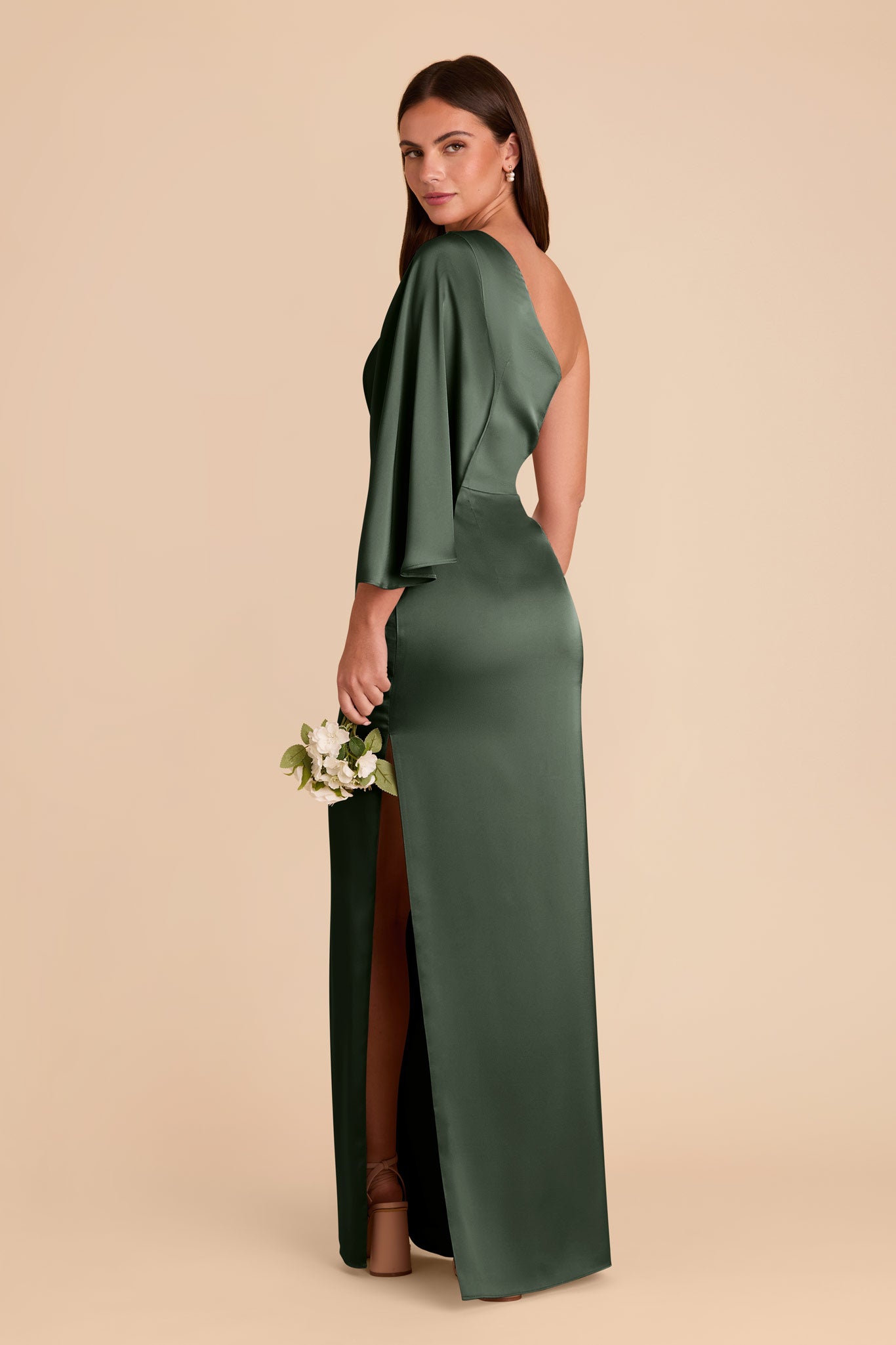 One-Shoulder Satin Gown with Graceful Overlay | Christine Eucalyptus