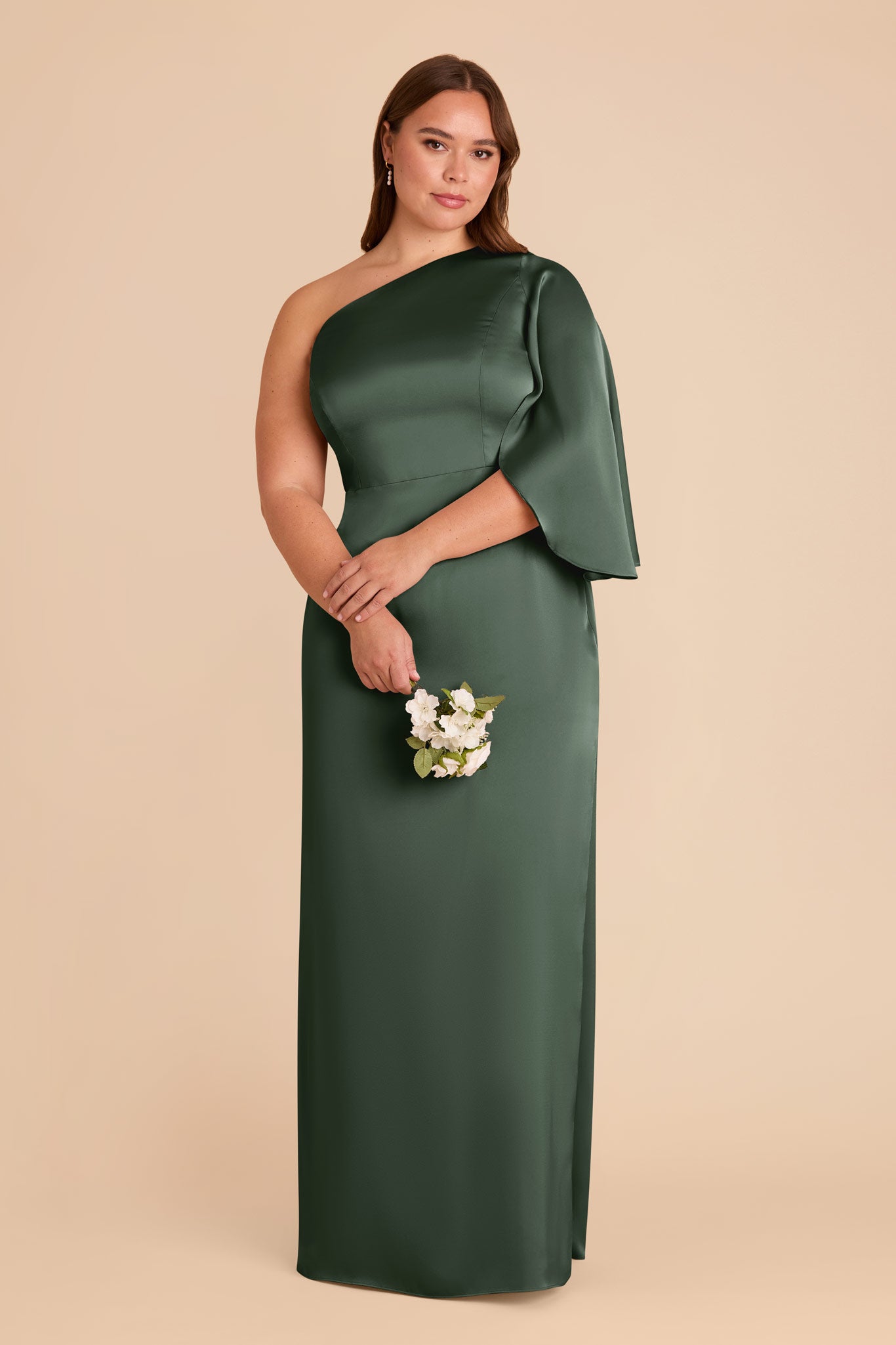 One-Shoulder Satin Gown with Graceful Overlay | Christine Eucalyptus