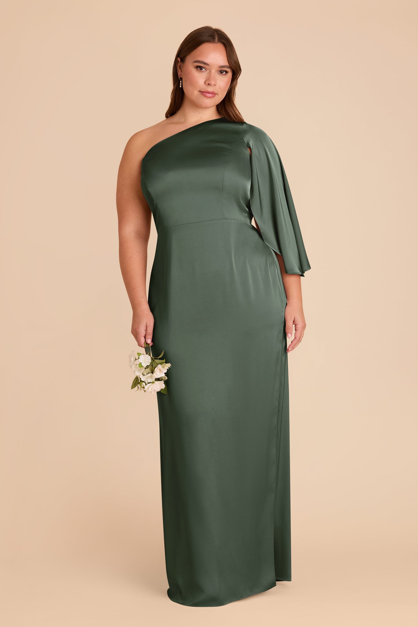 One-Shoulder Satin Gown with Graceful Overlay | Christine Eucalyptus