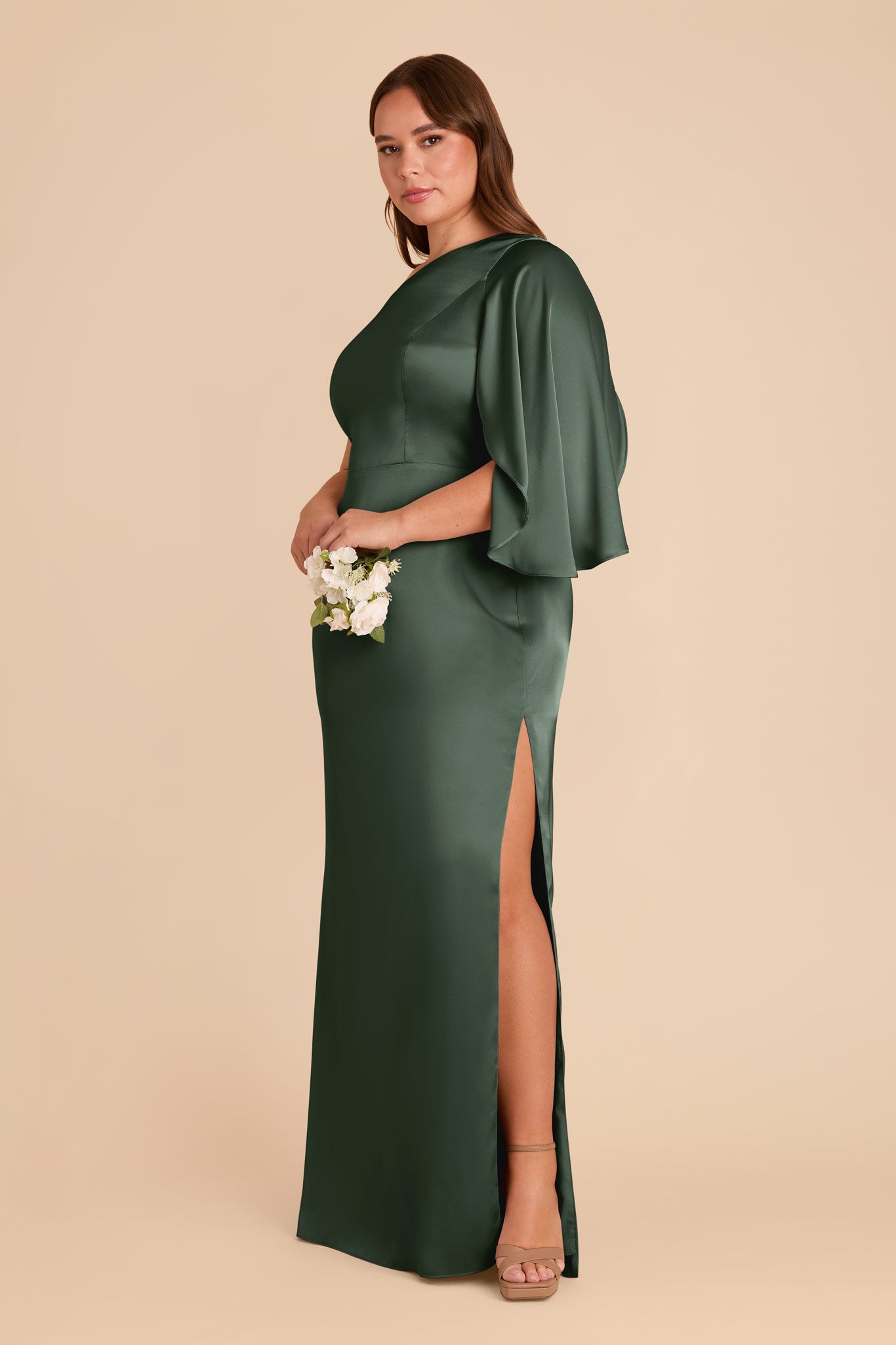 One-Shoulder Satin Gown with Graceful Overlay | Christine Eucalyptus