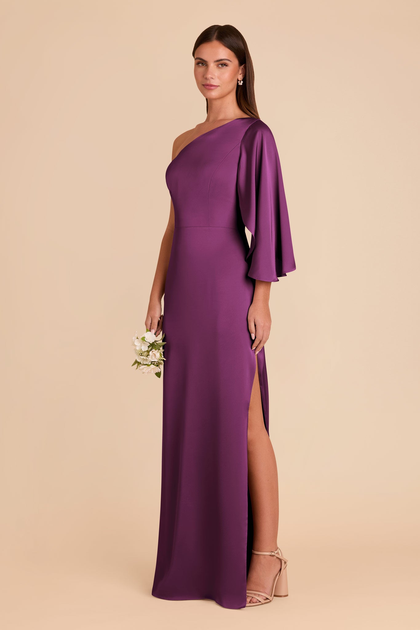 Elegant One-Shoulder Satin Dress with Shoulder Overlay | Christine