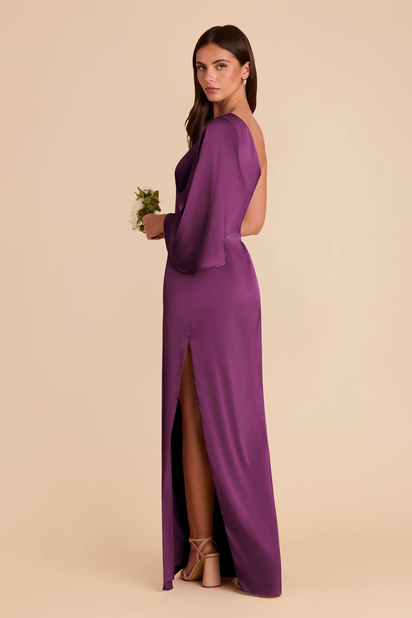 Elegant One-Shoulder Satin Dress with Shoulder Overlay | Christine