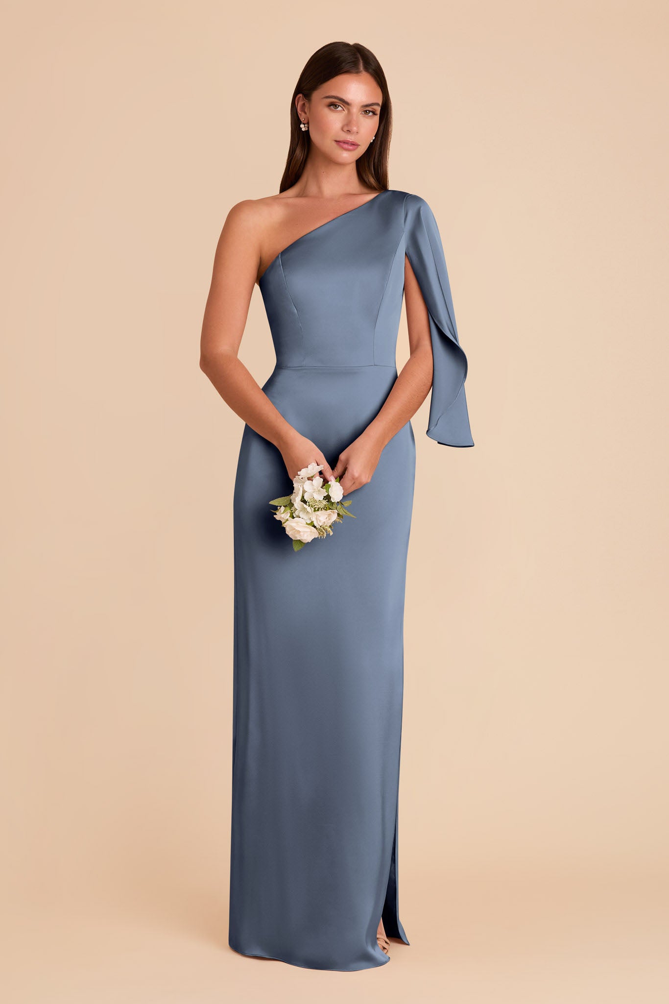 One-Shoulder Satin Dress with Graceful Overlay | Christine French Blue