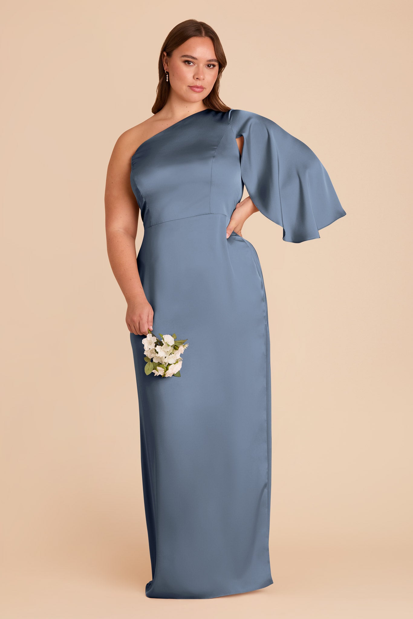 One-Shoulder Satin Dress with Graceful Overlay | Christine French Blue