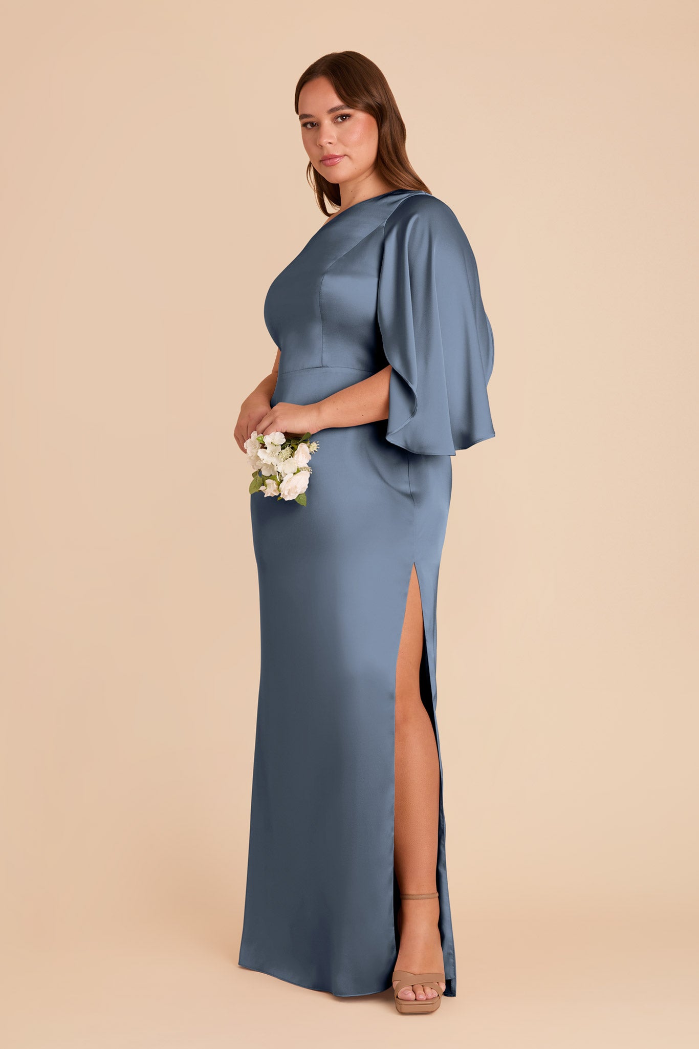 One-Shoulder Satin Dress with Graceful Overlay | Christine French Blue