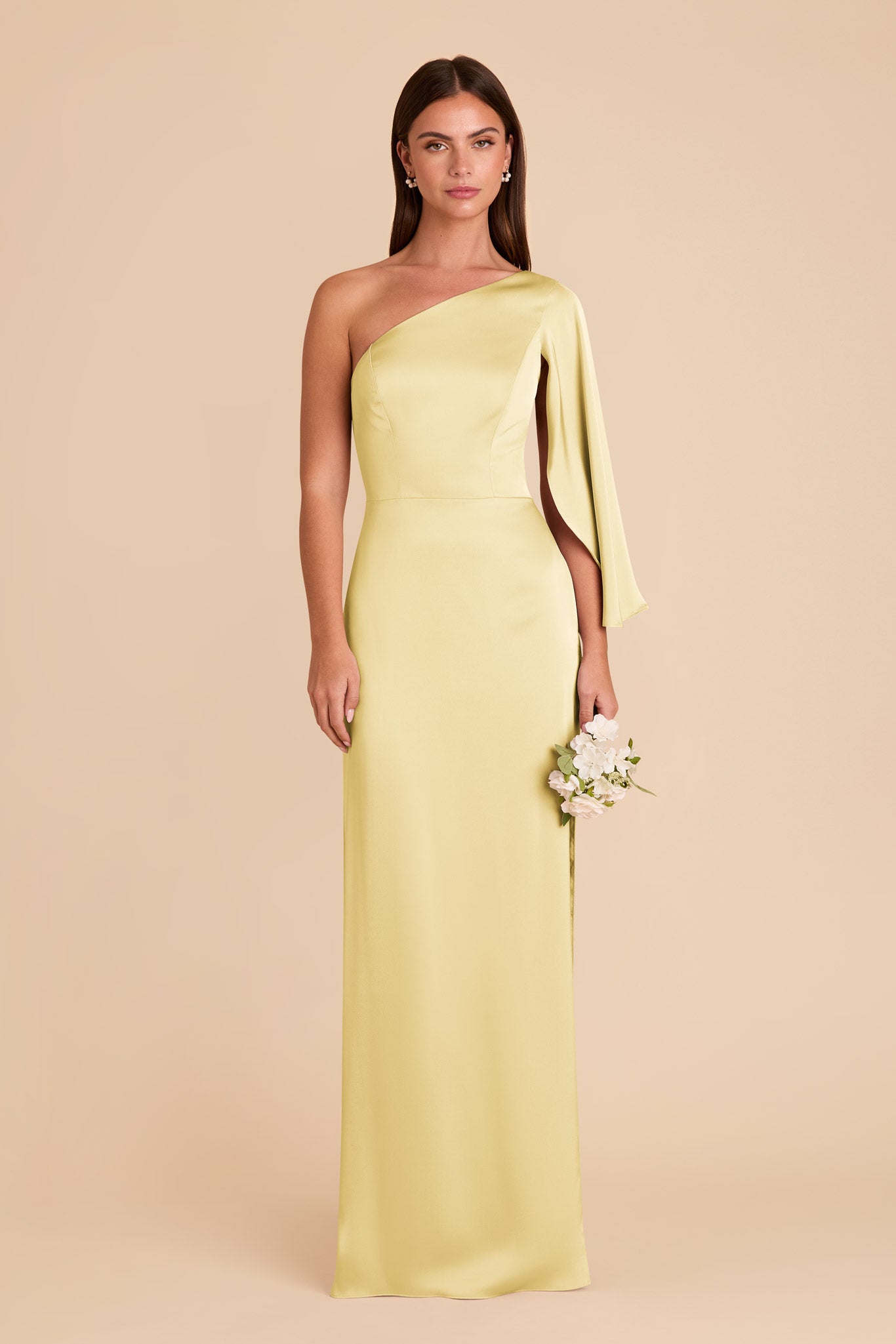 One-Shoulder Satin Dress with Shoulder Overlay | Lemon Sorbet