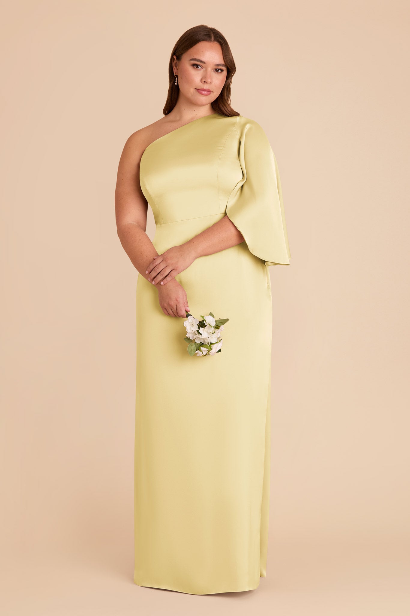 One-Shoulder Satin Dress with Shoulder Overlay | Lemon Sorbet