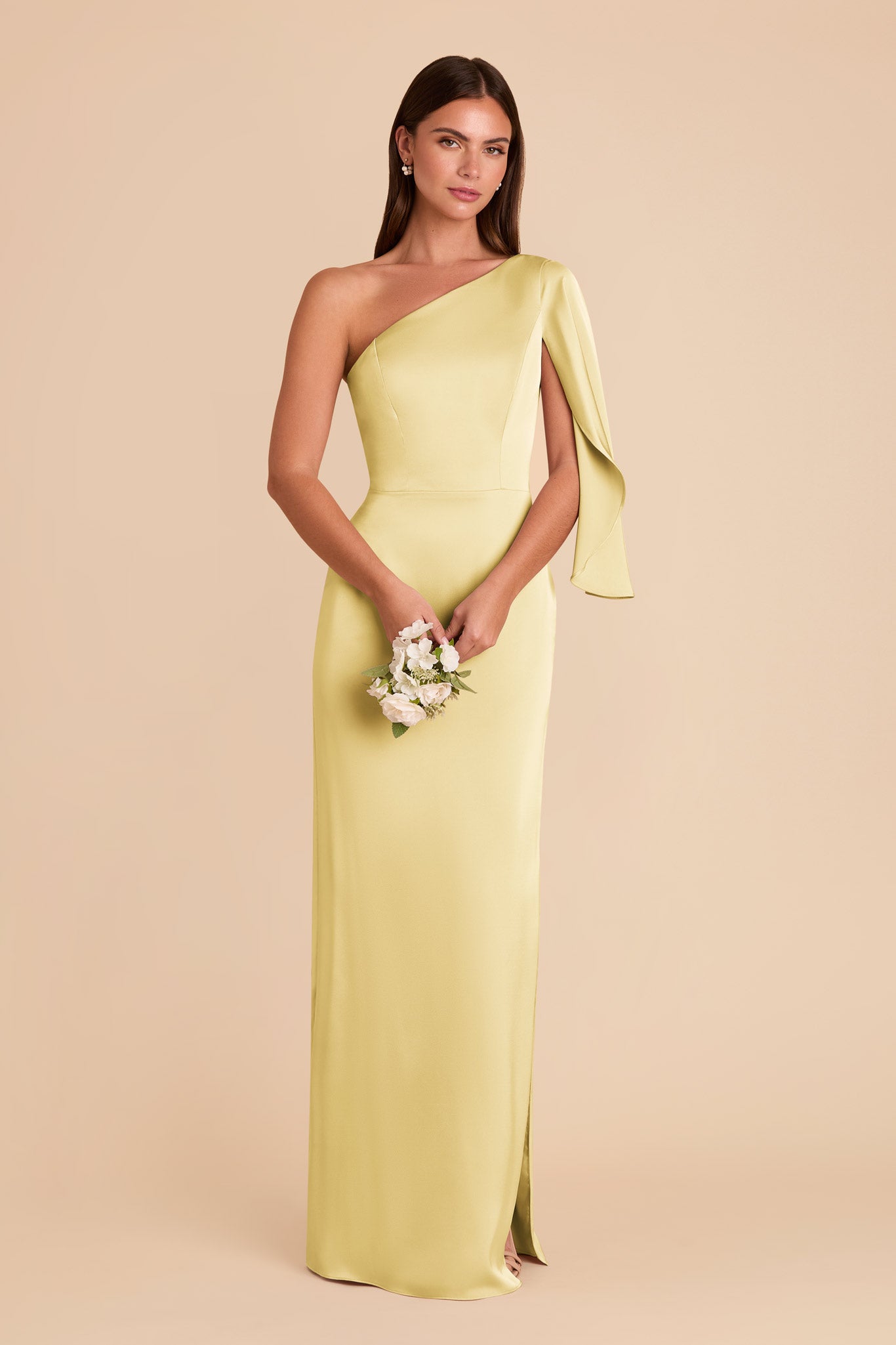 One-Shoulder Satin Dress with Shoulder Overlay | Lemon Sorbet