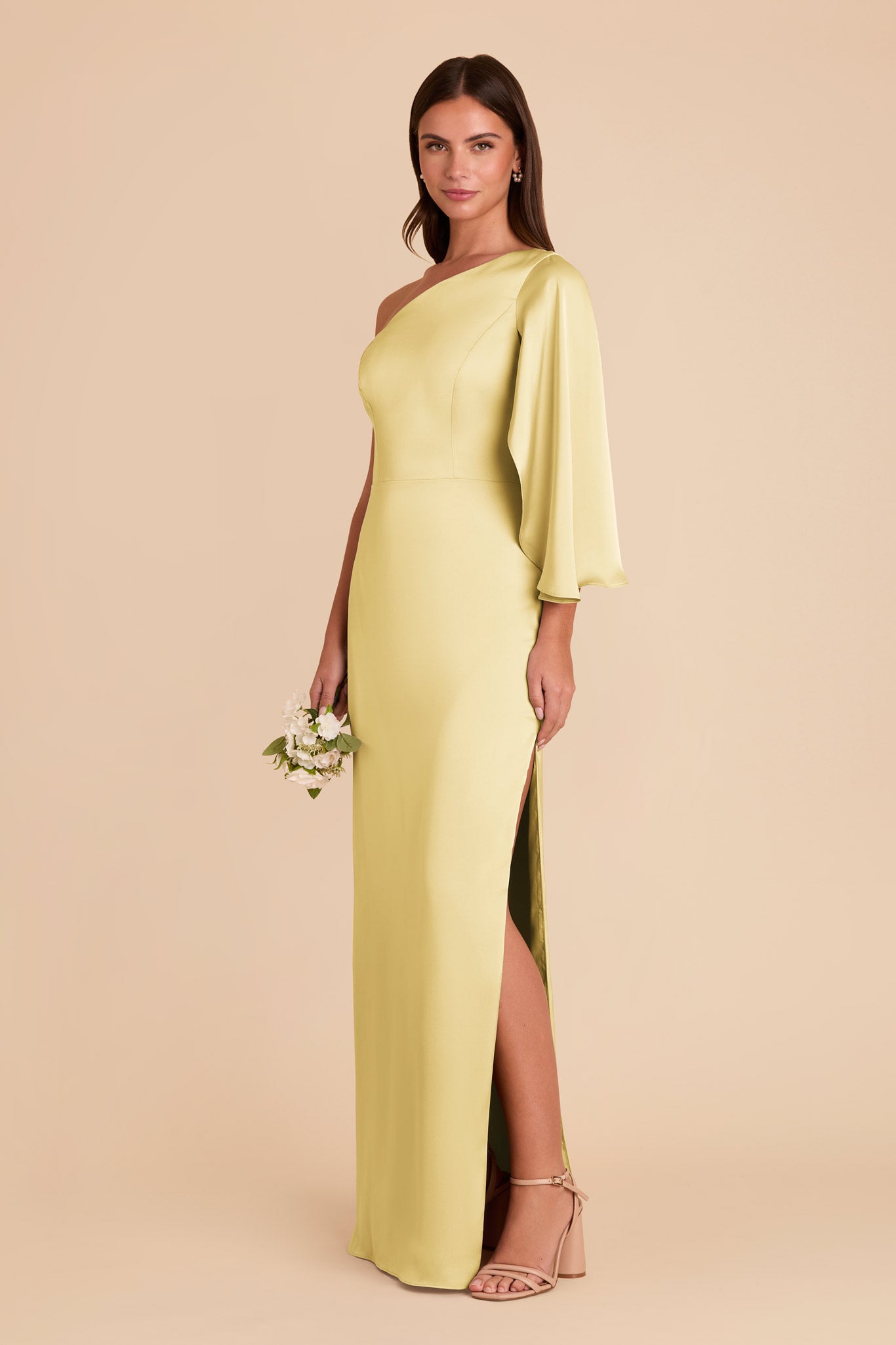 One-Shoulder Satin Dress with Shoulder Overlay | Lemon Sorbet