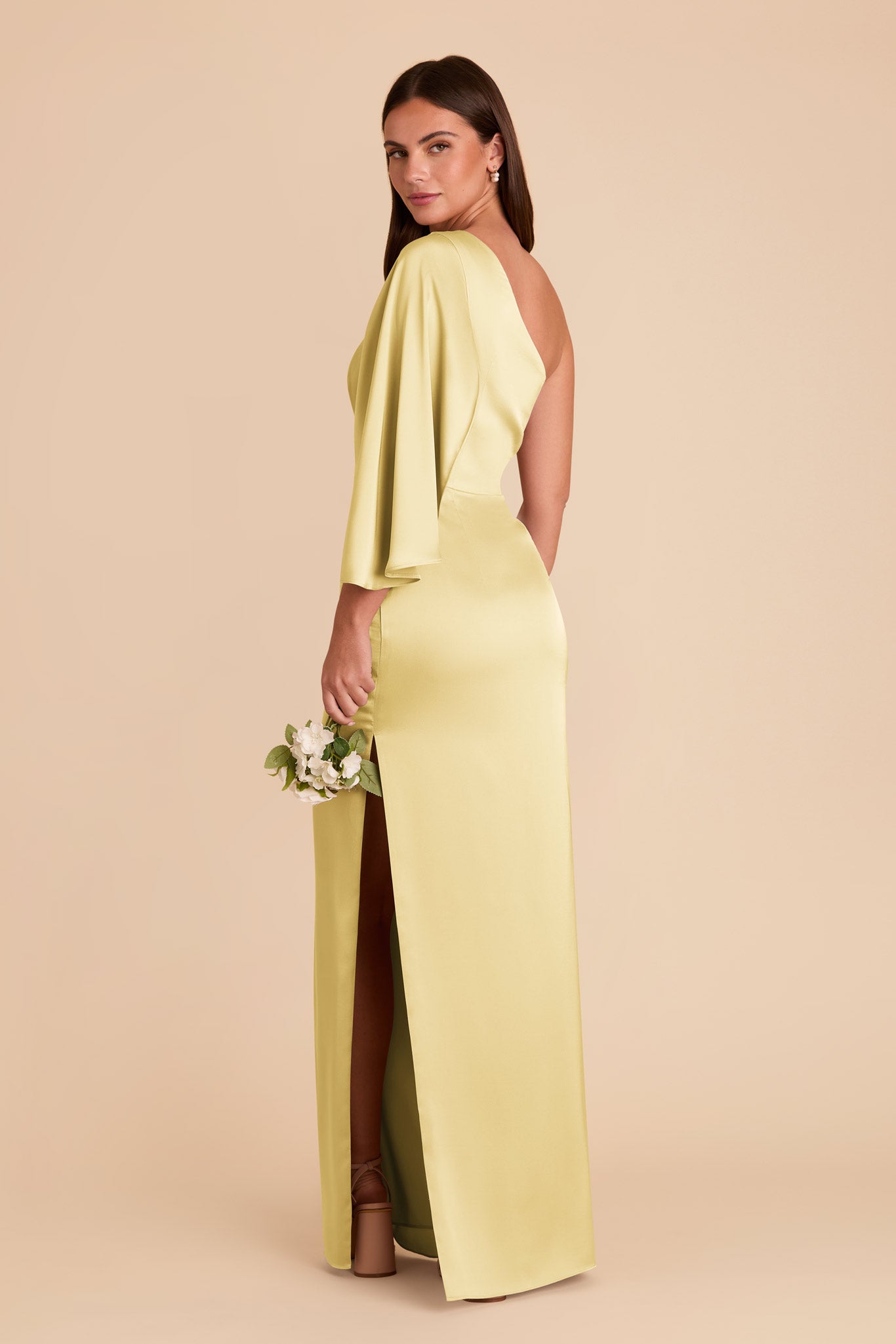 One-Shoulder Satin Dress with Shoulder Overlay | Lemon Sorbet