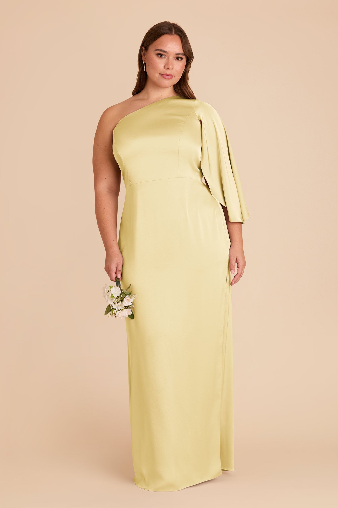 One-Shoulder Satin Dress with Shoulder Overlay | Lemon Sorbet
