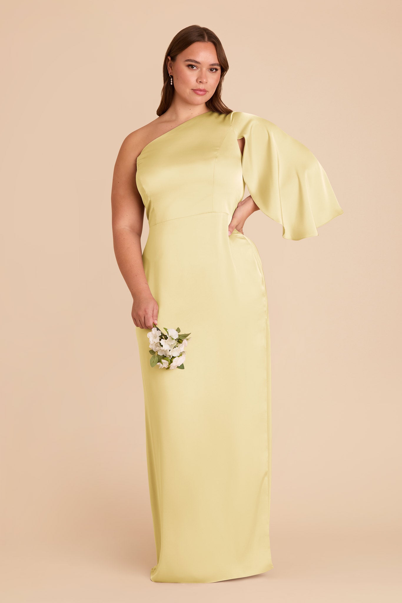 One-Shoulder Satin Dress with Shoulder Overlay | Lemon Sorbet