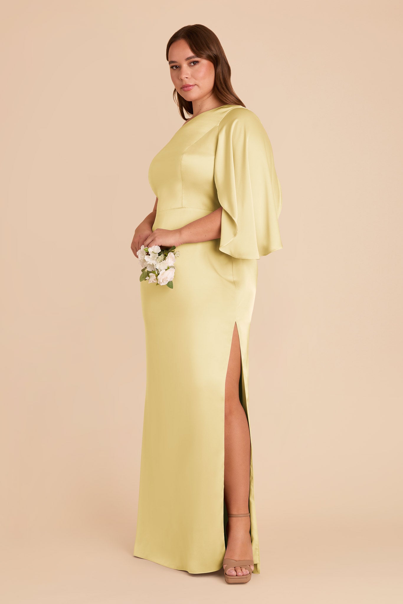 One-Shoulder Satin Dress with Shoulder Overlay | Lemon Sorbet