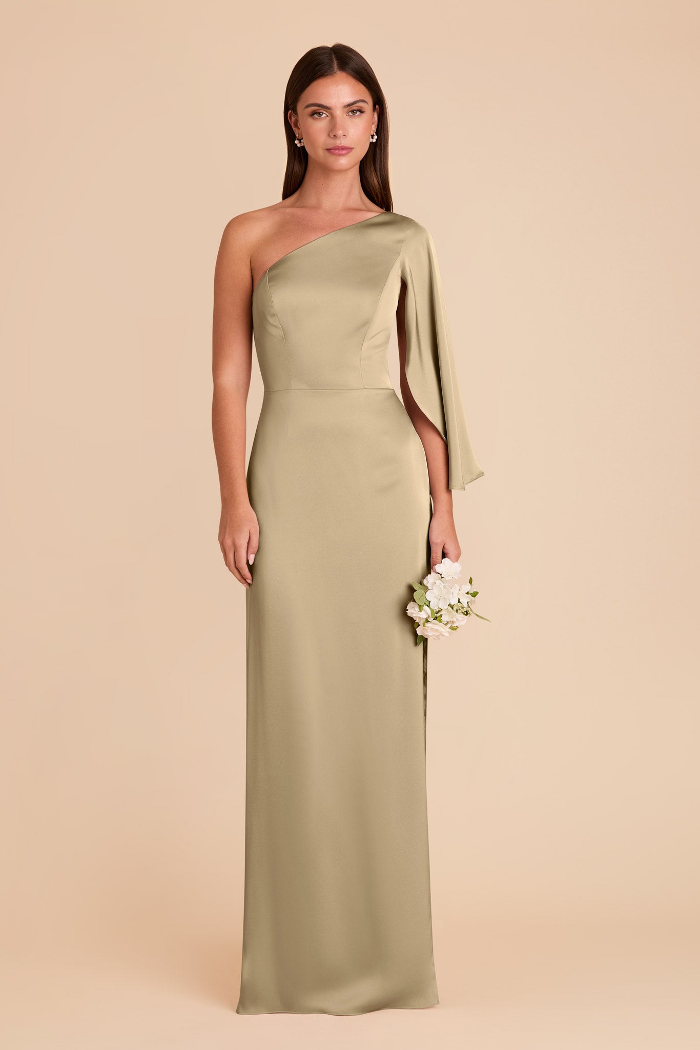 One-Shoulder Satin Dress with Shoulder Overlay | Christine Moss Green