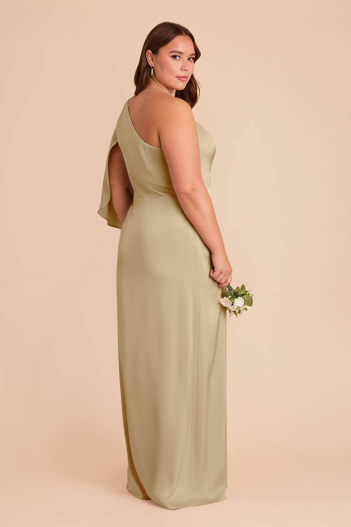 One-Shoulder Satin Dress with Shoulder Overlay | Christine Moss Green