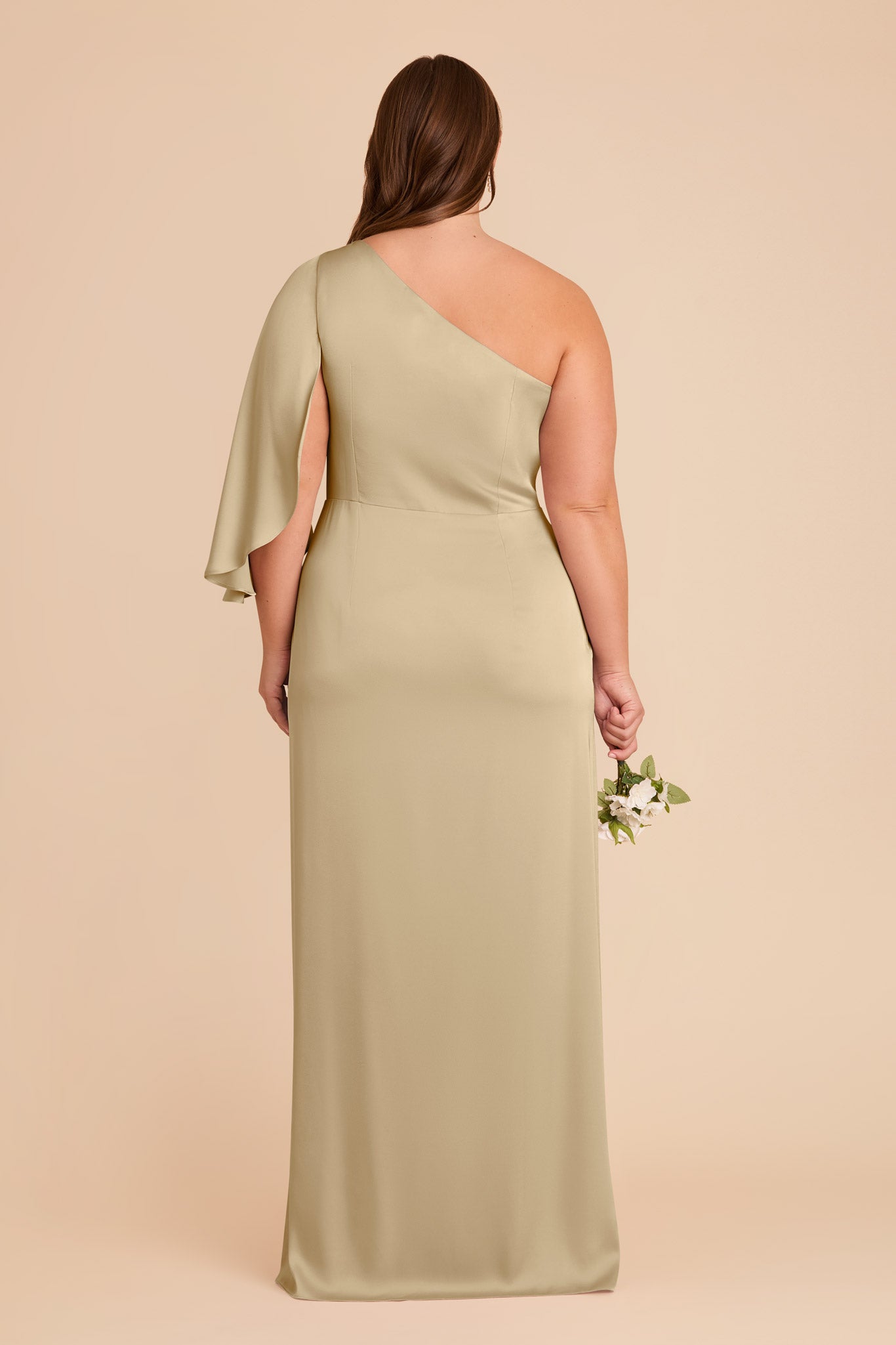 One-Shoulder Satin Dress with Shoulder Overlay | Christine Moss Green
