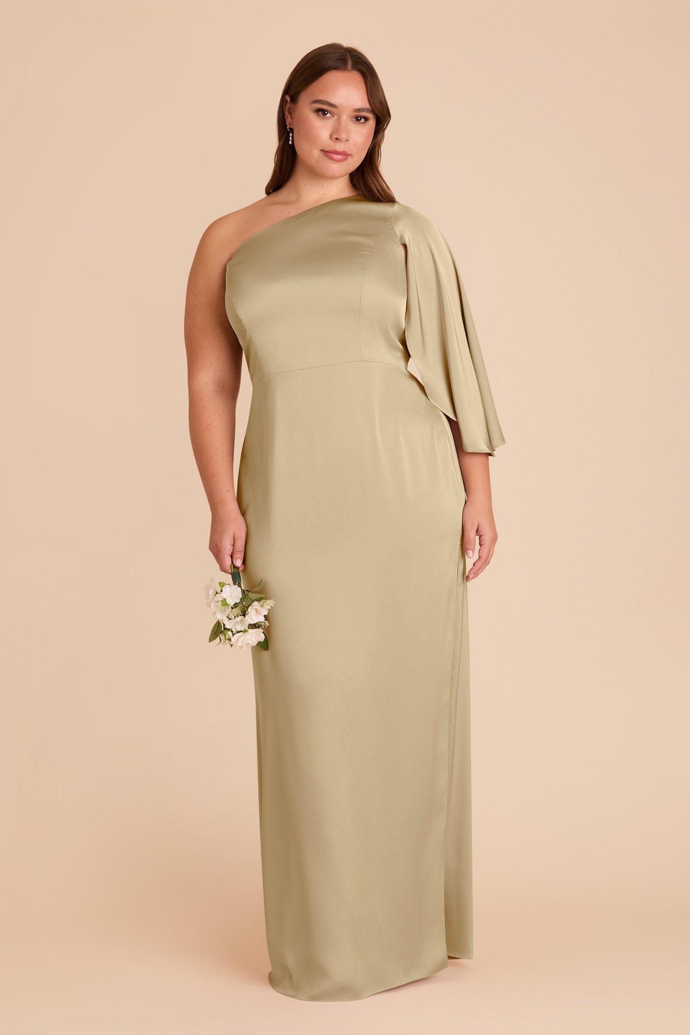 One-Shoulder Satin Dress with Shoulder Overlay | Christine Moss Green
