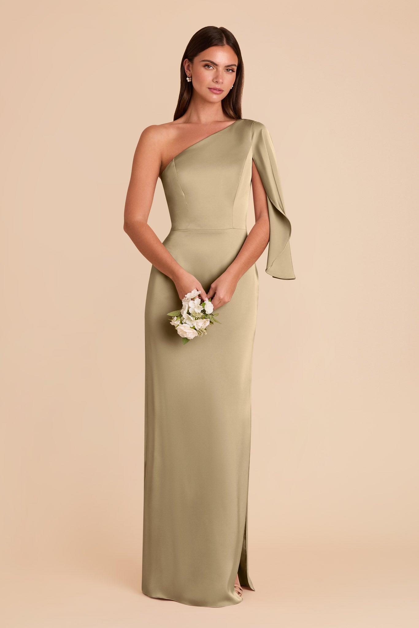 One-Shoulder Satin Dress with Shoulder Overlay | Christine Moss Green