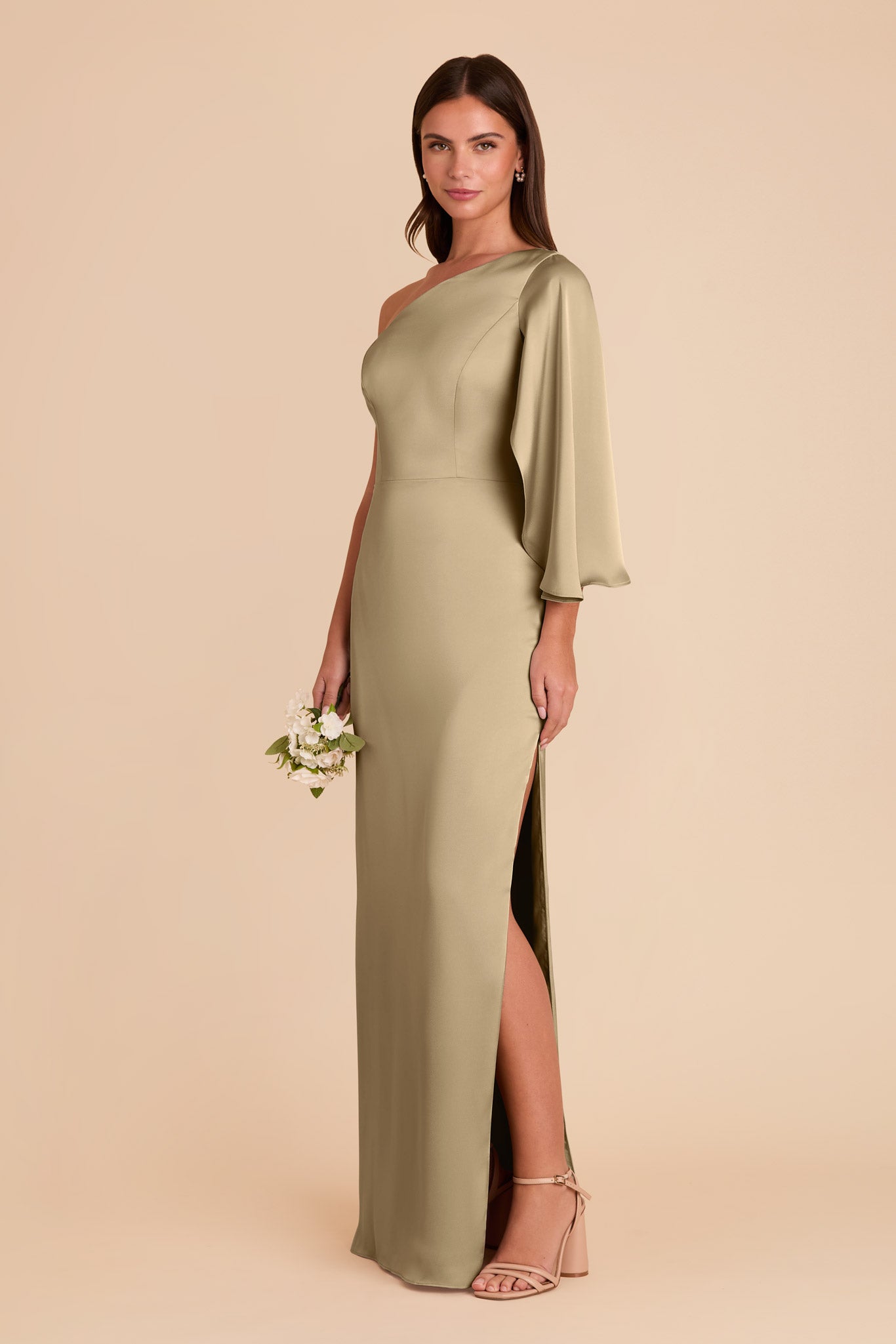 One-Shoulder Satin Dress with Shoulder Overlay | Christine Moss Green