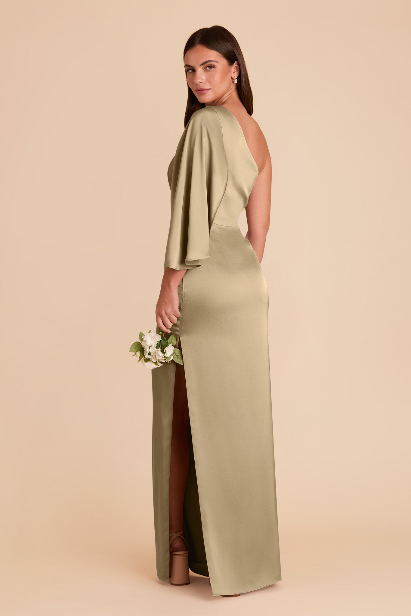 One-Shoulder Satin Dress with Shoulder Overlay | Christine Moss Green