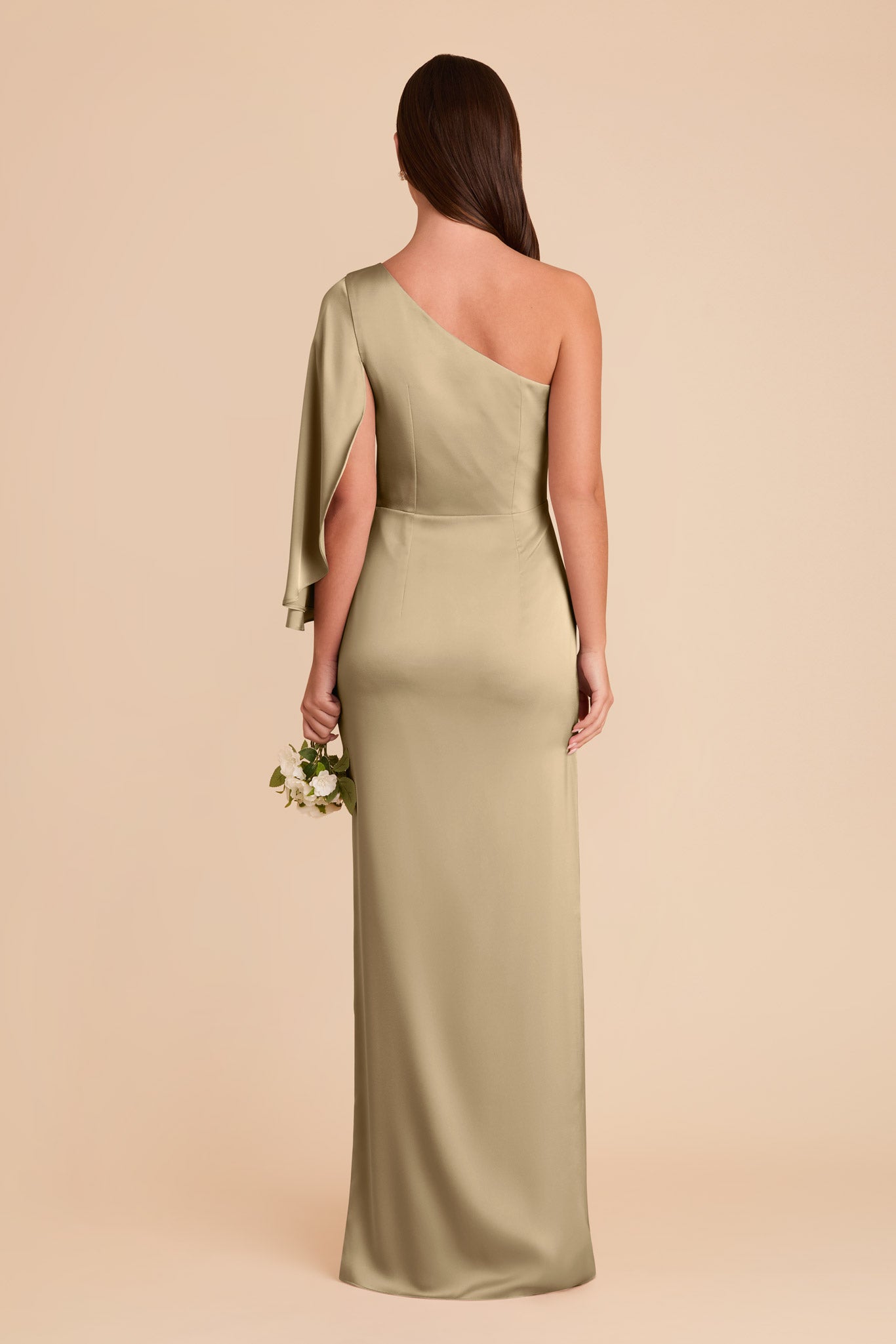 One-Shoulder Satin Dress with Shoulder Overlay | Christine Moss Green